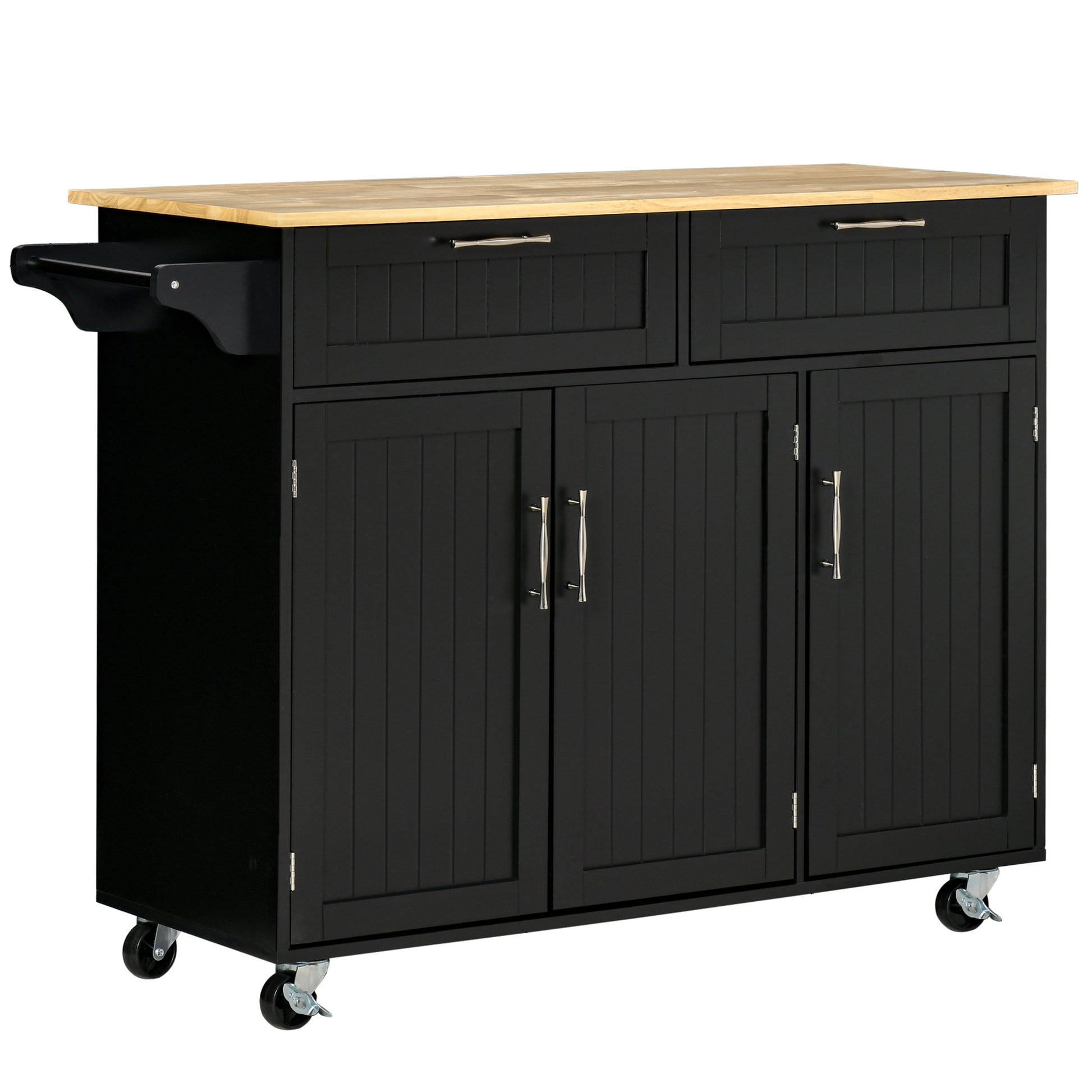 Homcom Mobile Kitchen Island With Storage, Kitchen Cart With Wood Top, Storage Drawers, 3 Door Cabinets, Adjustable Shelves And Towel Rack, Black Black Mdf