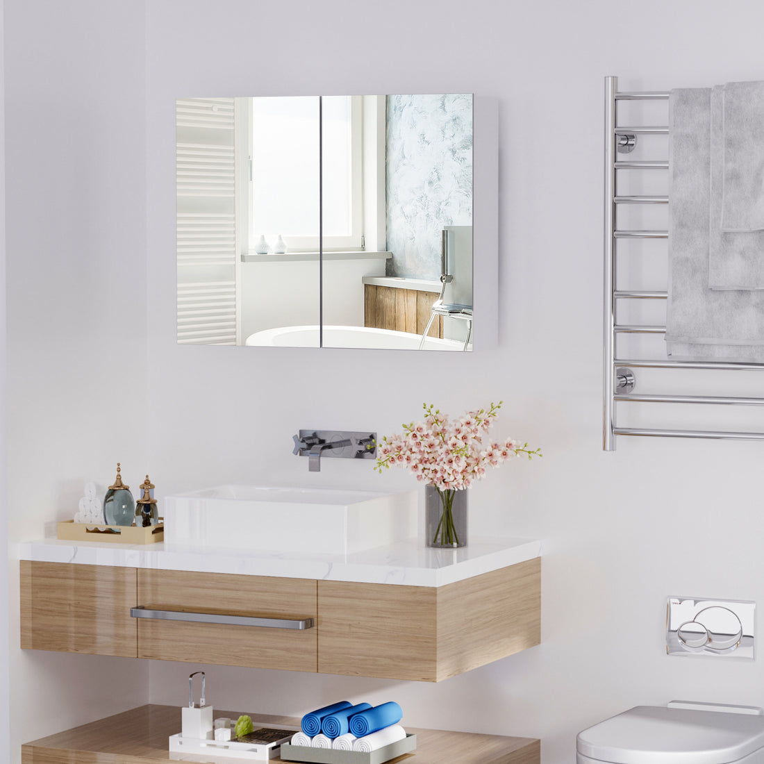 Homcom Double Door Wall Mounted Bathroom Mirror, 31.5" X 23.5" Medicine Cabinet With Modern Design, Large Storage, & Quiet Hinges White Mdf