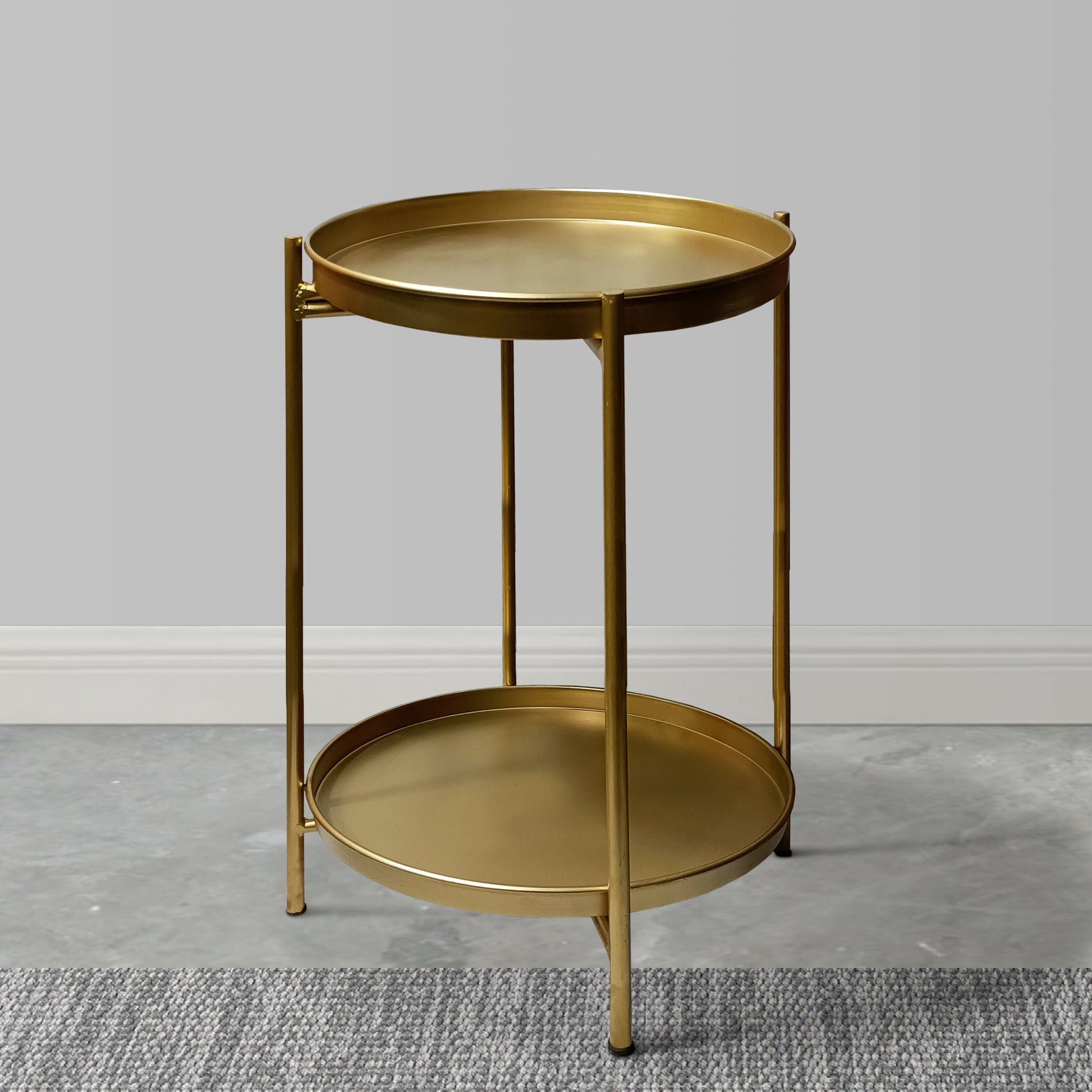 20 Inch High Round Side End Table With 2 Tier Iron Frame, Matte Gold Gold Iron