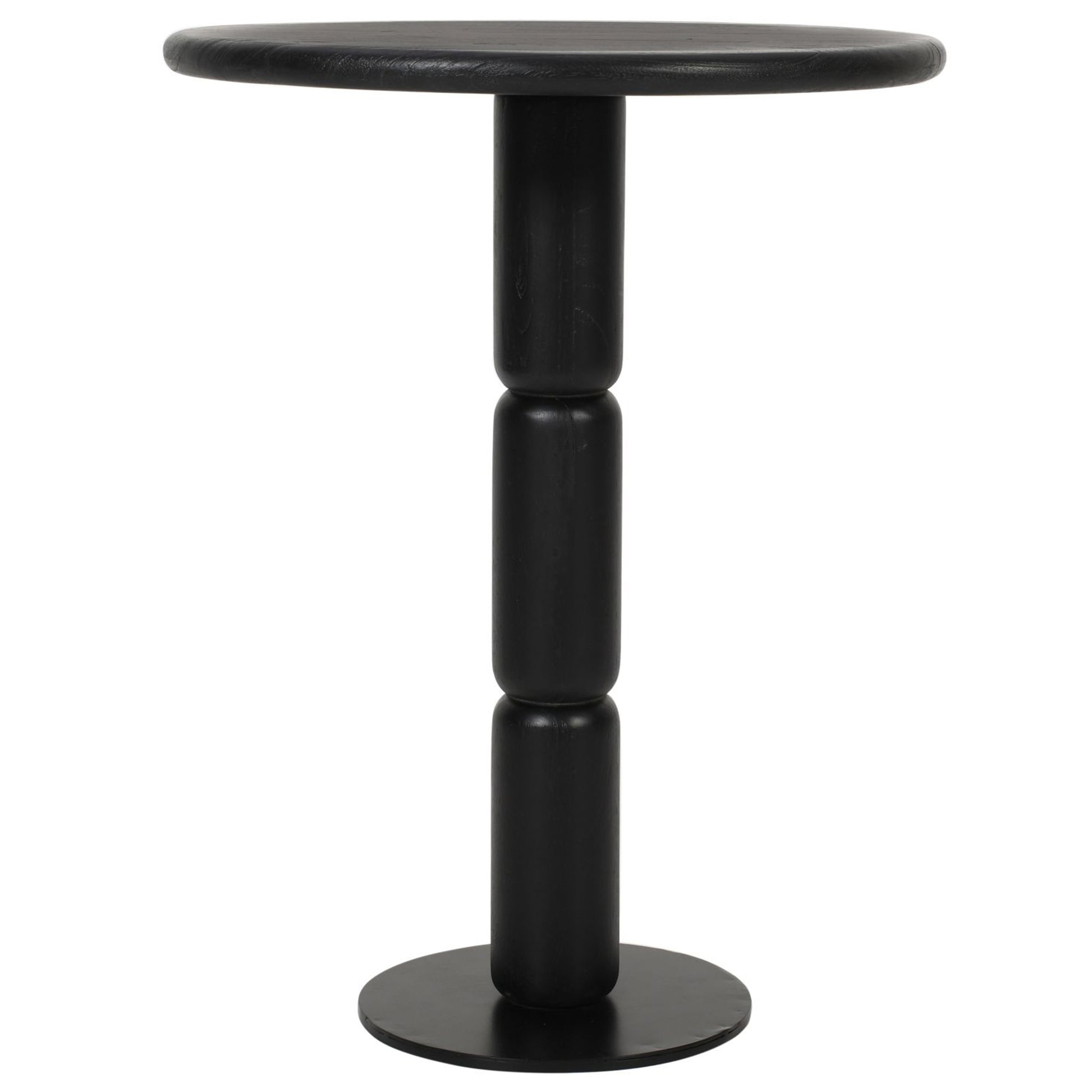 24 Inch Side End Table, Round Top With Turned Pedestal Base, Handcrafted Sandblasted Matte Black Black Metal & Wood