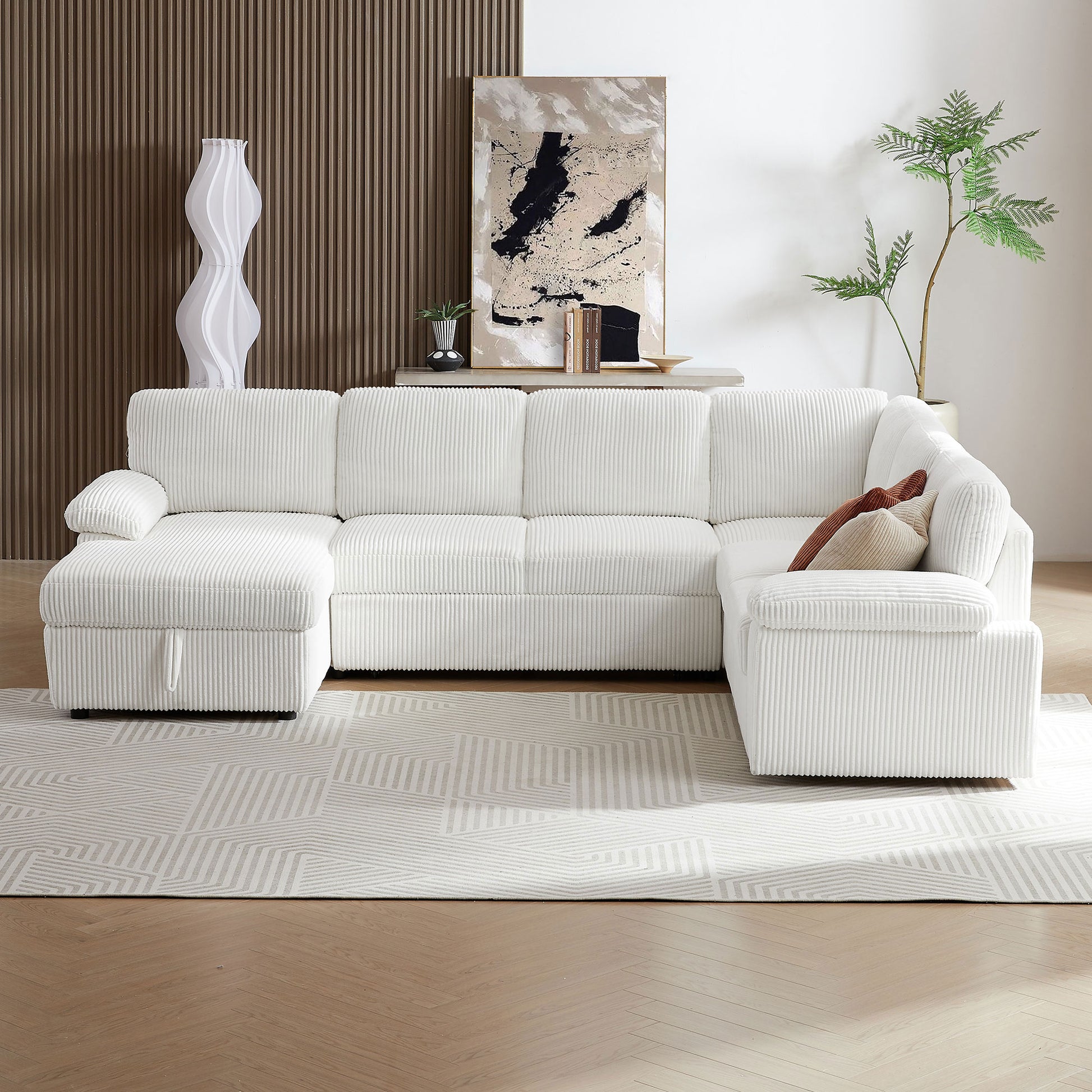 Oversized Modular Storage Sectional Sofa Couch For Home Apartment Office Living Room,Free Combination L U Shaped Corduroy Upholstered Deep Seat Furniture Convertible Sleeper Sofabed Left White Corduroy