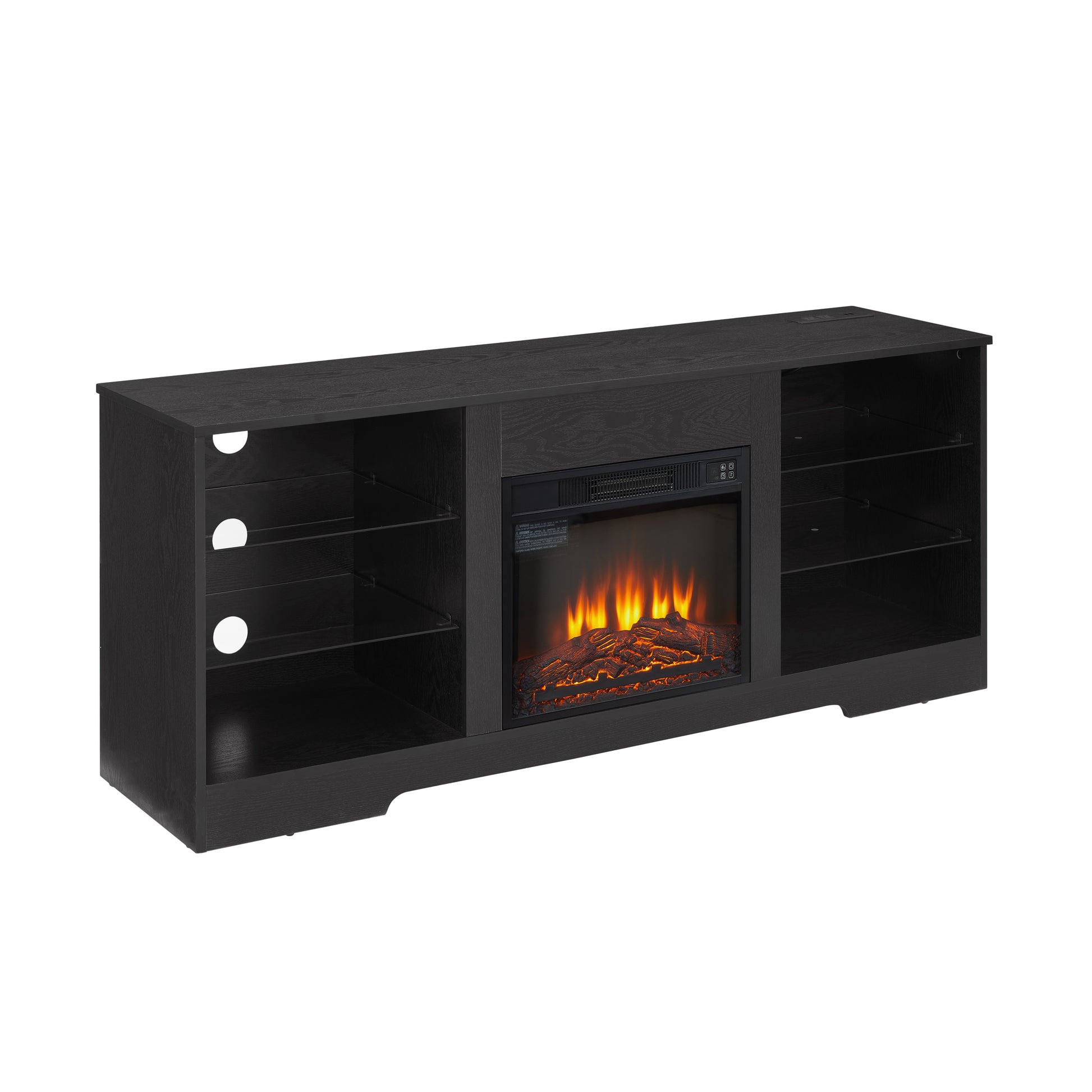 Tv Stand Electric Fireplace Tv Stand With Glass Shelves, 3D Fireplace Tv Stand With Led Lights Wood With Usb Charging Outlet Modern Television Table Center For Tv Up To 32 62" Black 58''W*15.5''D*24.4 Black 50 59 Inches Mdf