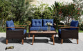 4 Piece Garden Furniture, Patio Seating Set, Pe Rattan Outdoor Sofa Set, Wood Table And Legs, Brown And Blue Yes Blue Shredded Polyurethane Foam Polyester,Wicker