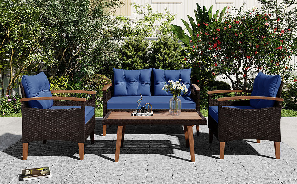4 Piece Garden Furniture, Patio Seating Set, PE yes-blue-wicker