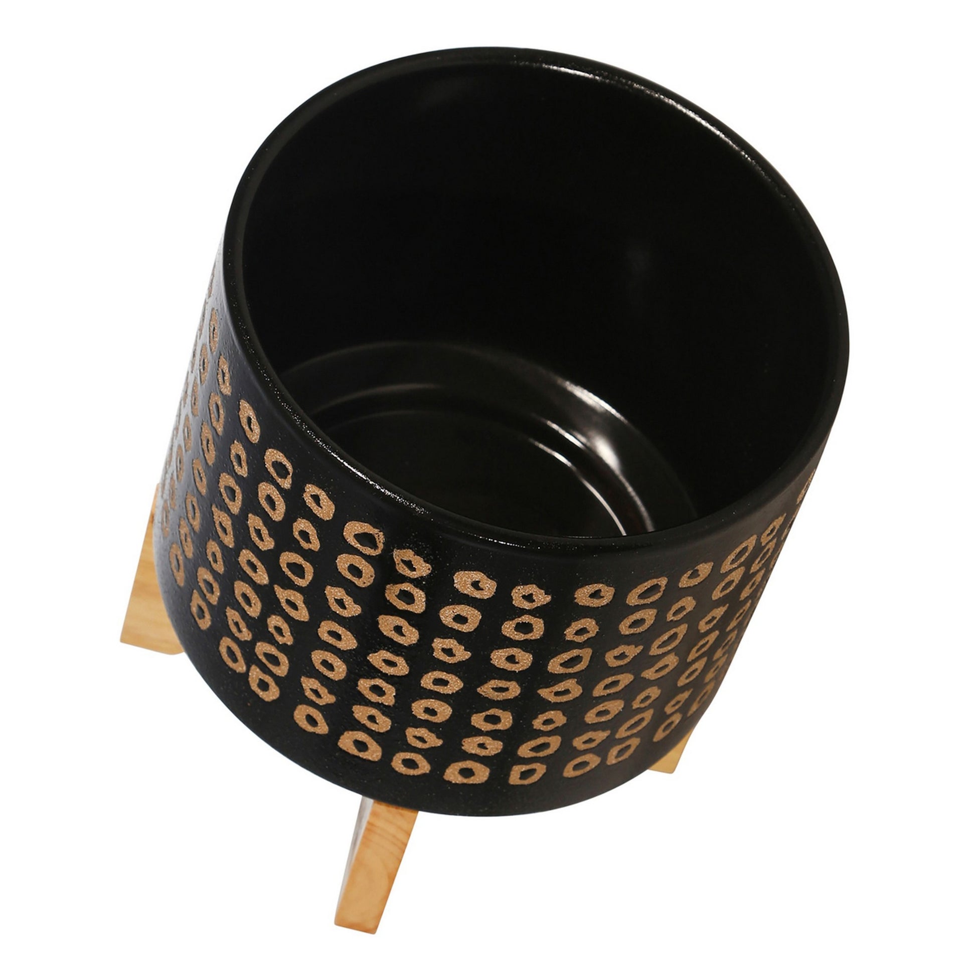 9 Inch Ceramic Round Planter, Wood Stand, Circular Pattern, Medium, Black Black Ceramic Mdf