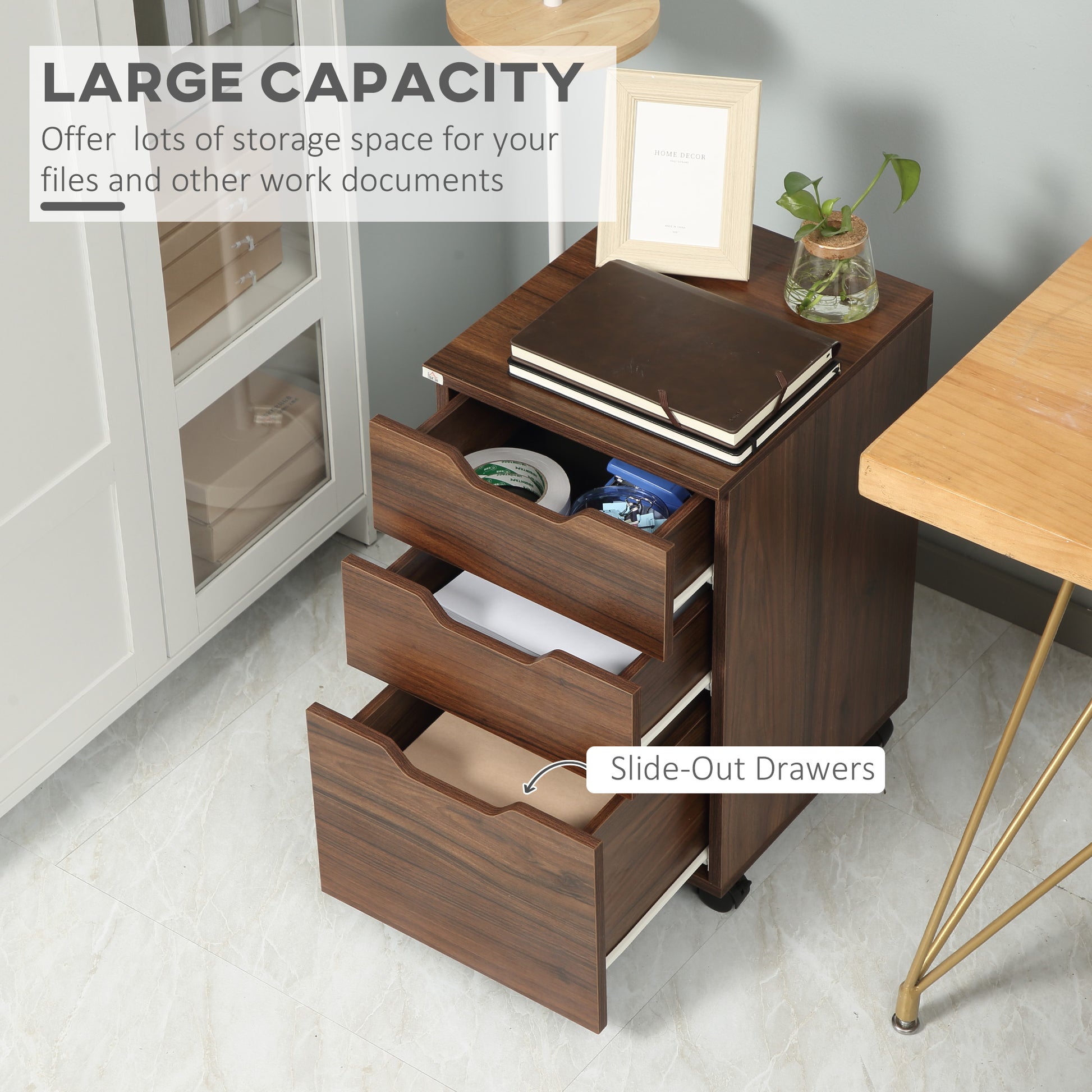 Homcom 3 Drawer Office Storage Cabinet, Under Desk Cabinet With Wheels, Brown Wood Grain Black Particle Board