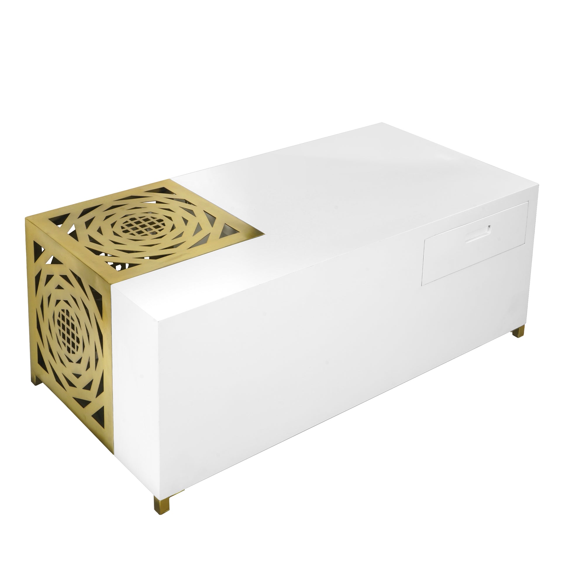 48 Inch Rectangular Modern Coffee Table With Geometric Cut Out Design, White And Brass Gold White Metal & Wood