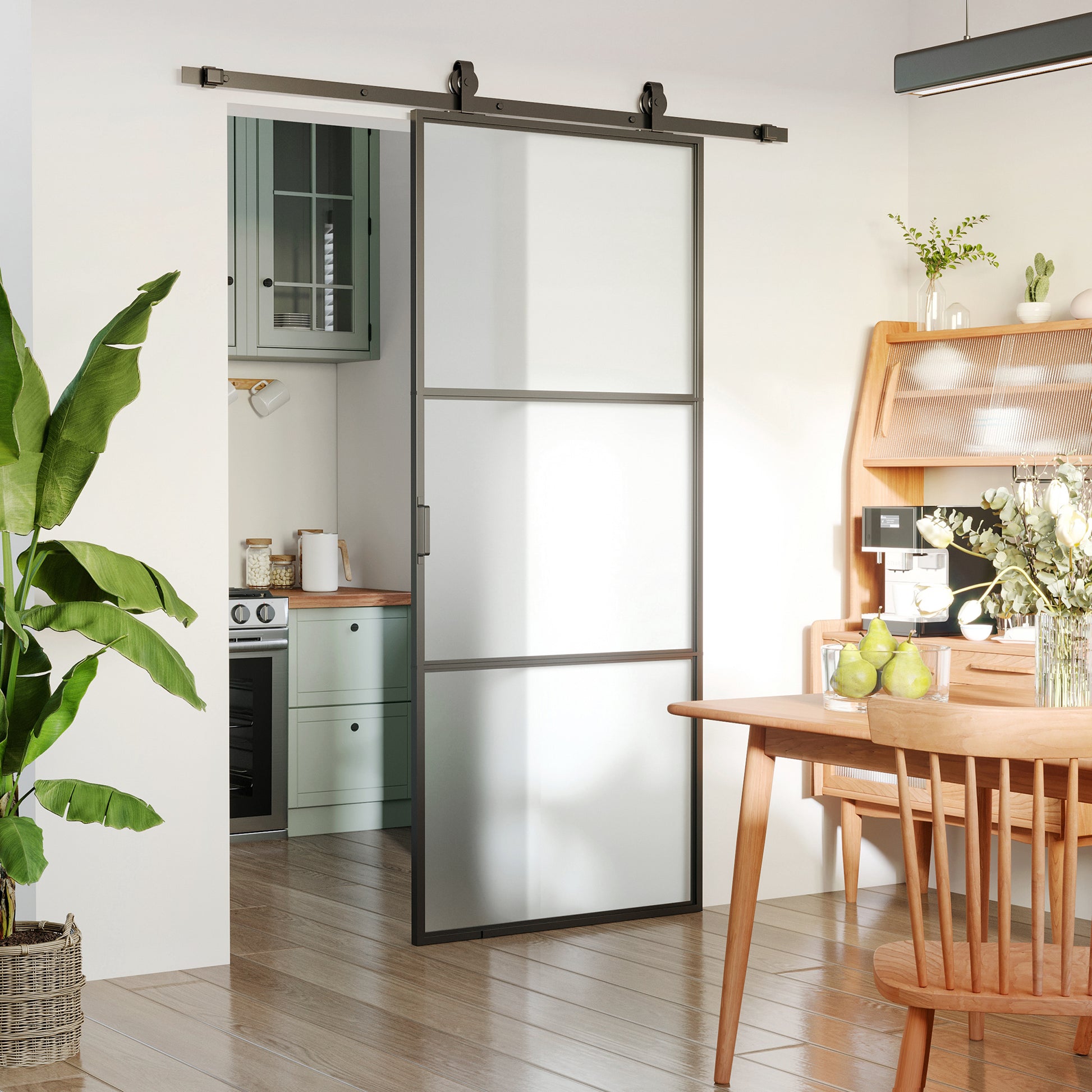 Homcom 36" X 84" Sliding Door With Hardware Kit, Handle, & Track, Industrial Frosted Tempered Glass Door With Carbon Steel, Easy Installation Black Carbon Steel