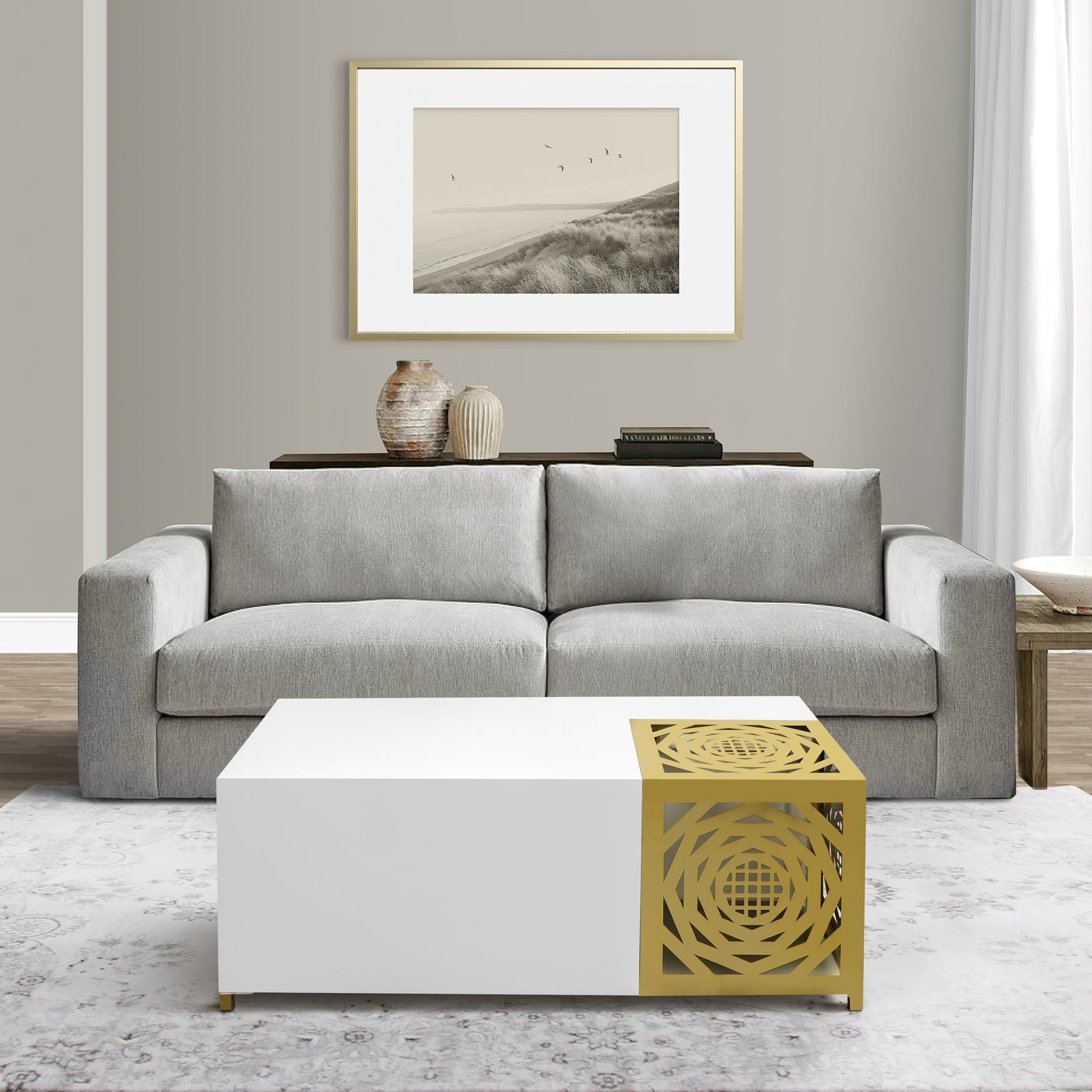 48 Inch Rectangular Modern Coffee Table With Geometric Cut Out Design, White And Brass Gold White Metal & Wood