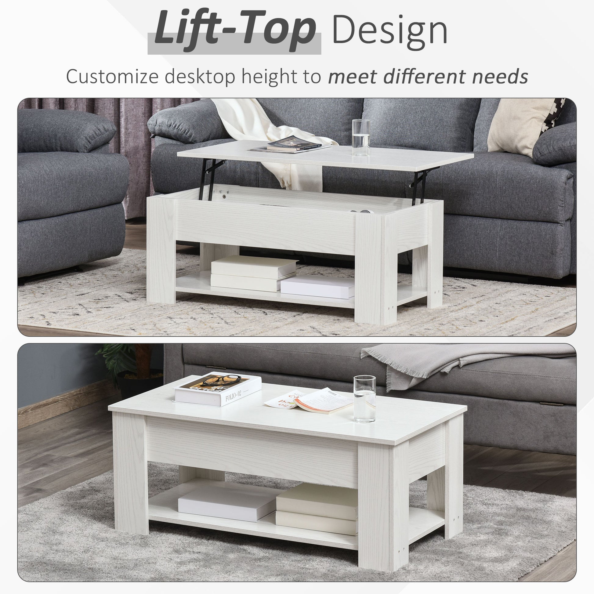 Homcom 39" Lift Top Coffee Table With Hidden Storage Compartment And Open Shelf, Pop Up Coffee Table For Living Room, White White Particle Board