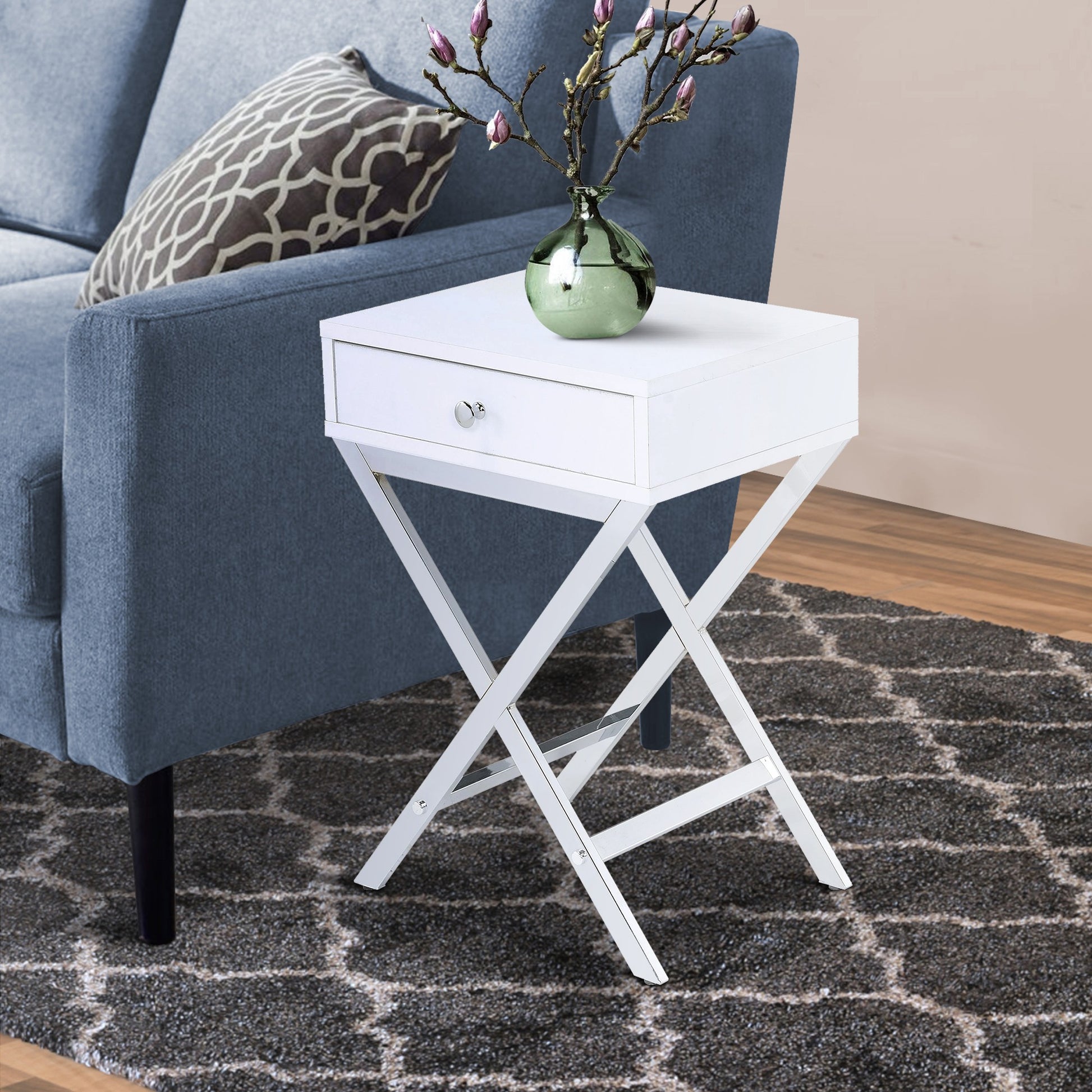 Wood And Metal Side Table With Crossed Base, White And Silver White Silver Wood Metal