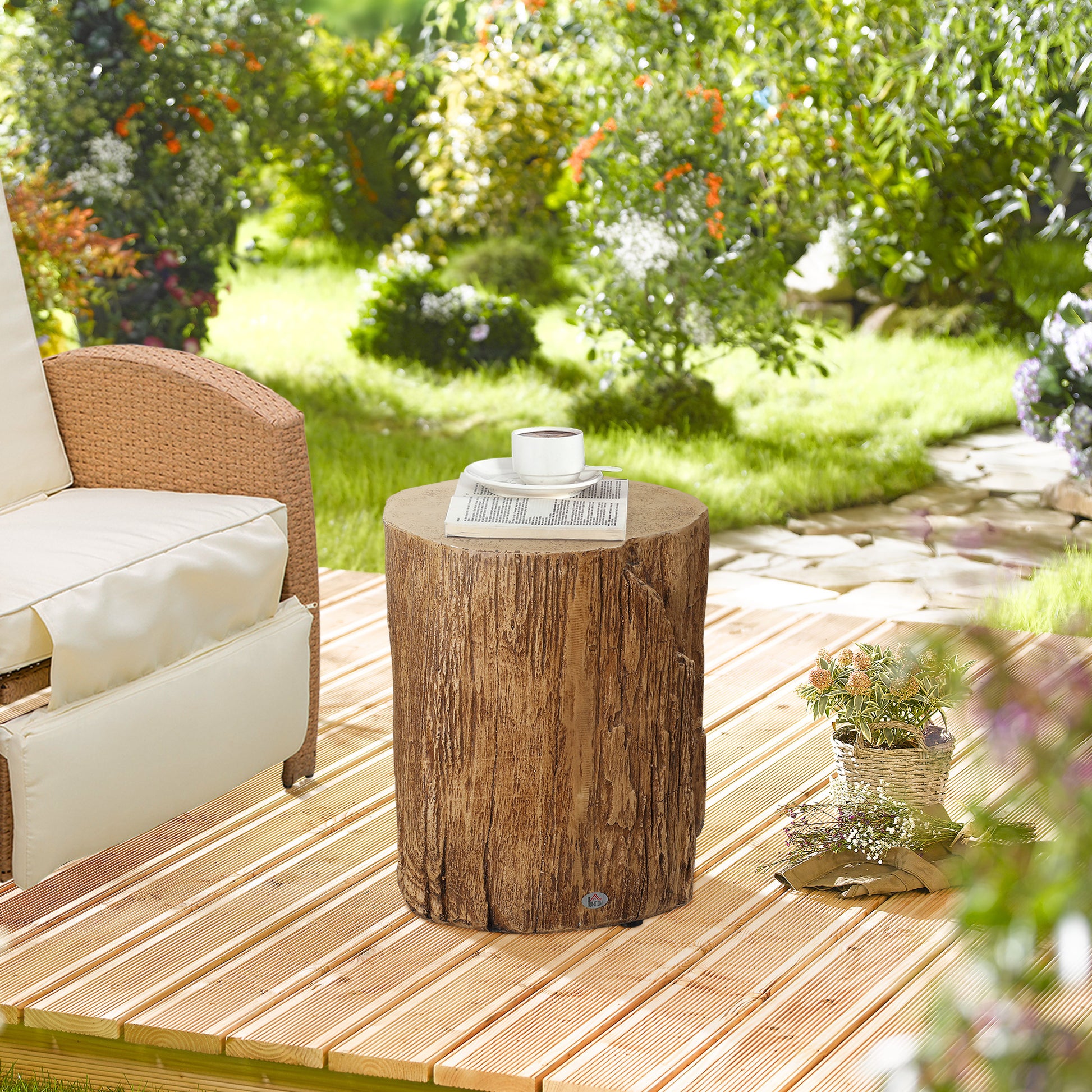 Homcom Tree Stump Stool, Decorative Side Table With Round Tabletop, Concrete End Table With Wood Grain Finish, For Indoors And Outdoors, Natural Natural Concrete