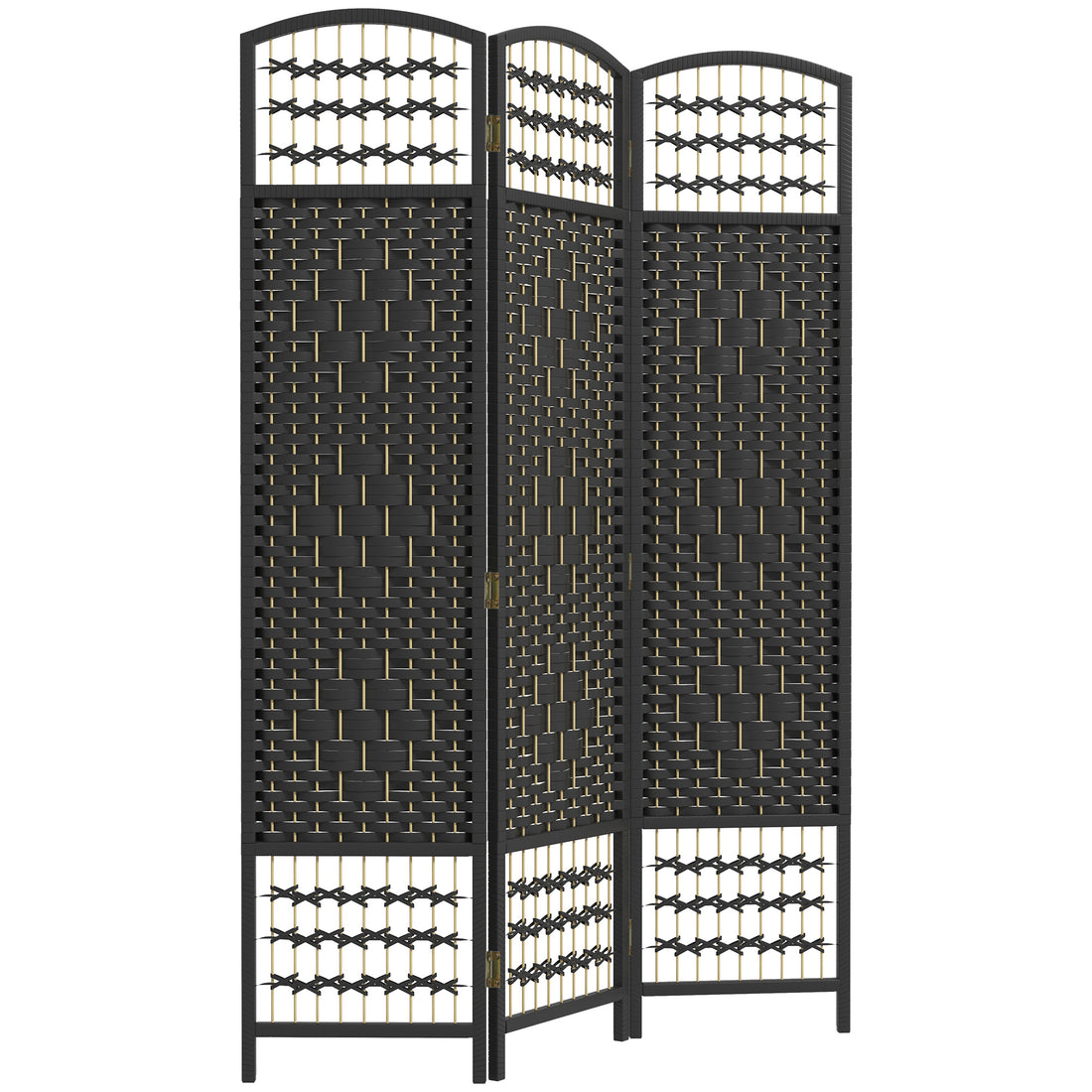 Homcom 3 Panel Room Divider, Folding Privacy Screen, 5.6' Room Separator, Wave Fiber Freestanding Partition Wall Divider, Black Black Bamboo