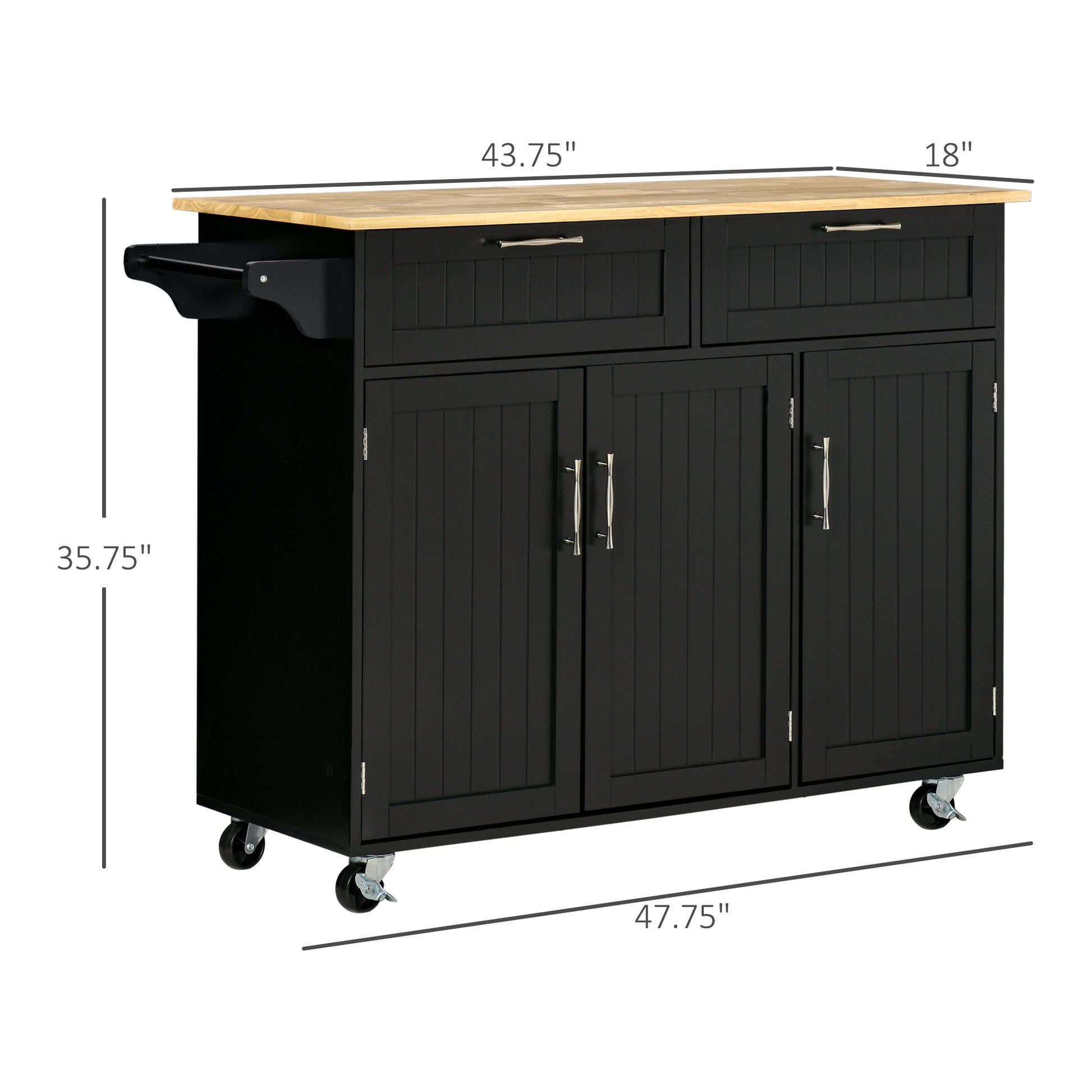 Homcom Mobile Kitchen Island With Storage, Kitchen Cart With Wood Top, Storage Drawers, 3 Door Cabinets, Adjustable Shelves And Towel Rack, Black Black Mdf