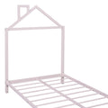 Twin Size Metal Platform Bed With House Shaped Headboard Design, Pink Pink Metal