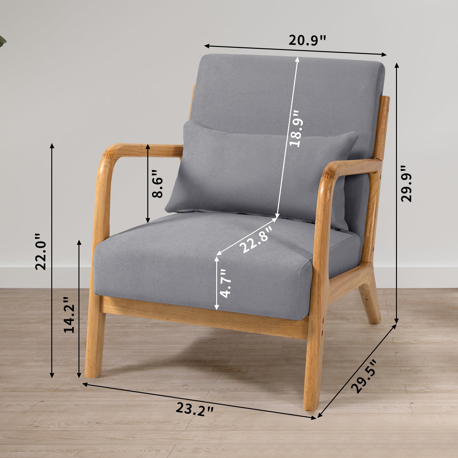 Leisure Chair With Solid Wood Armrest And Feet, Mid Century Modern Accent Sofa,1 Seat Light Gray Linen