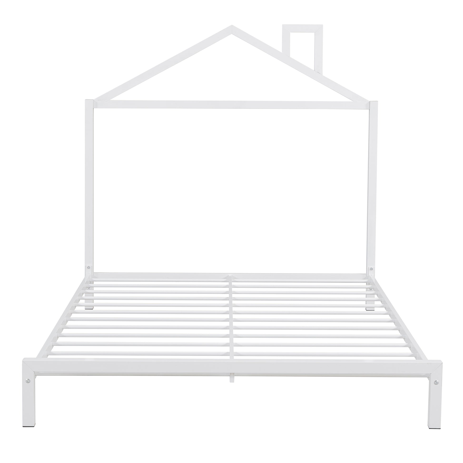 Full Size Metal Platform Bed With House Shaped Headboard Design, White White Metal