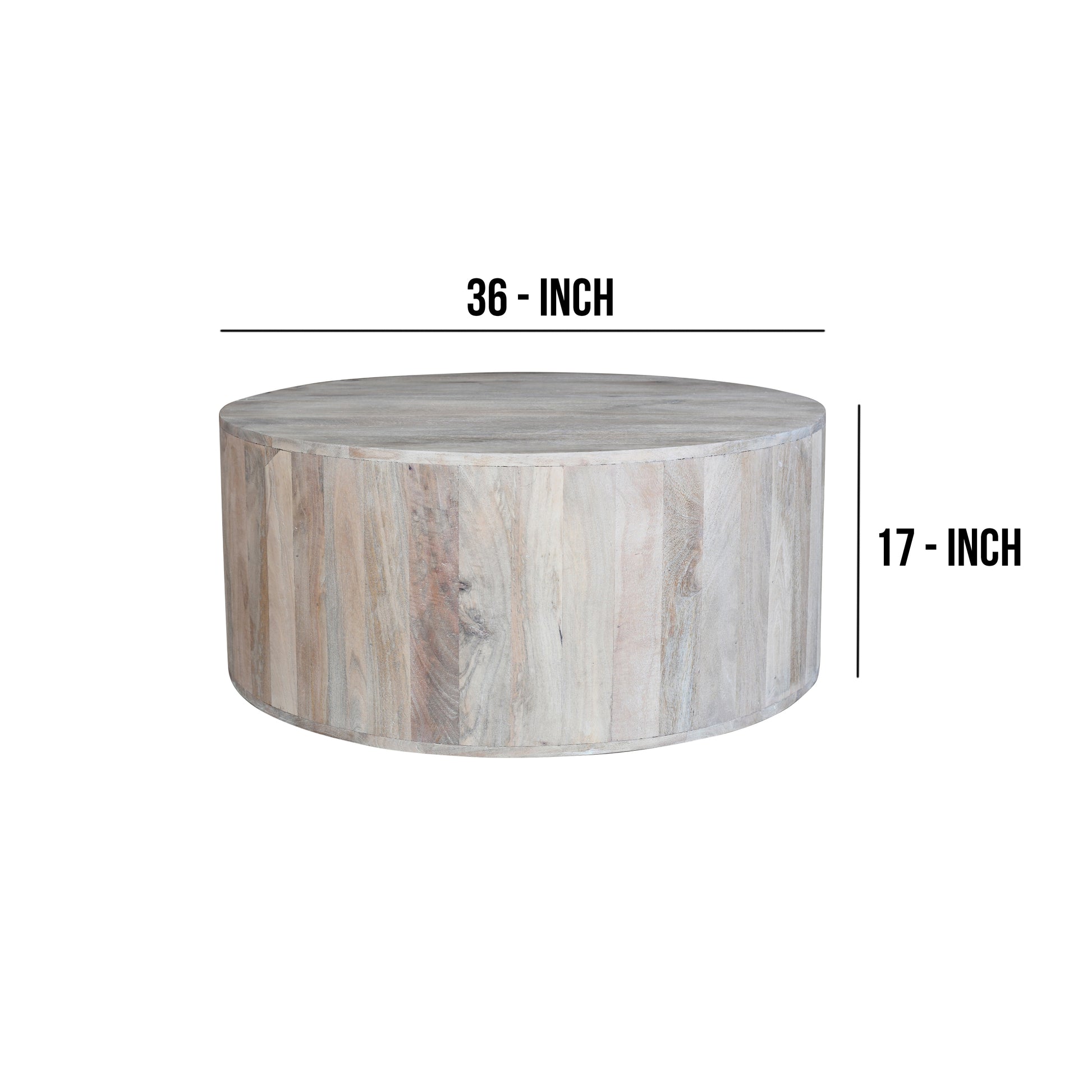 36 Inch Coffee Table, Handcrafted Drum Shape, Sandblasted Washed White Mango Wood White Solid Wood