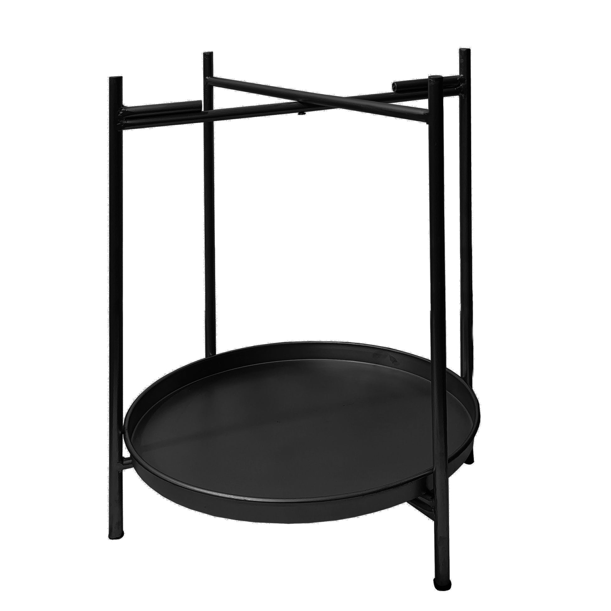 15 Inch Modern Side End Table, Metal Round Tray Top, Foldable Legs, Black Black Iron