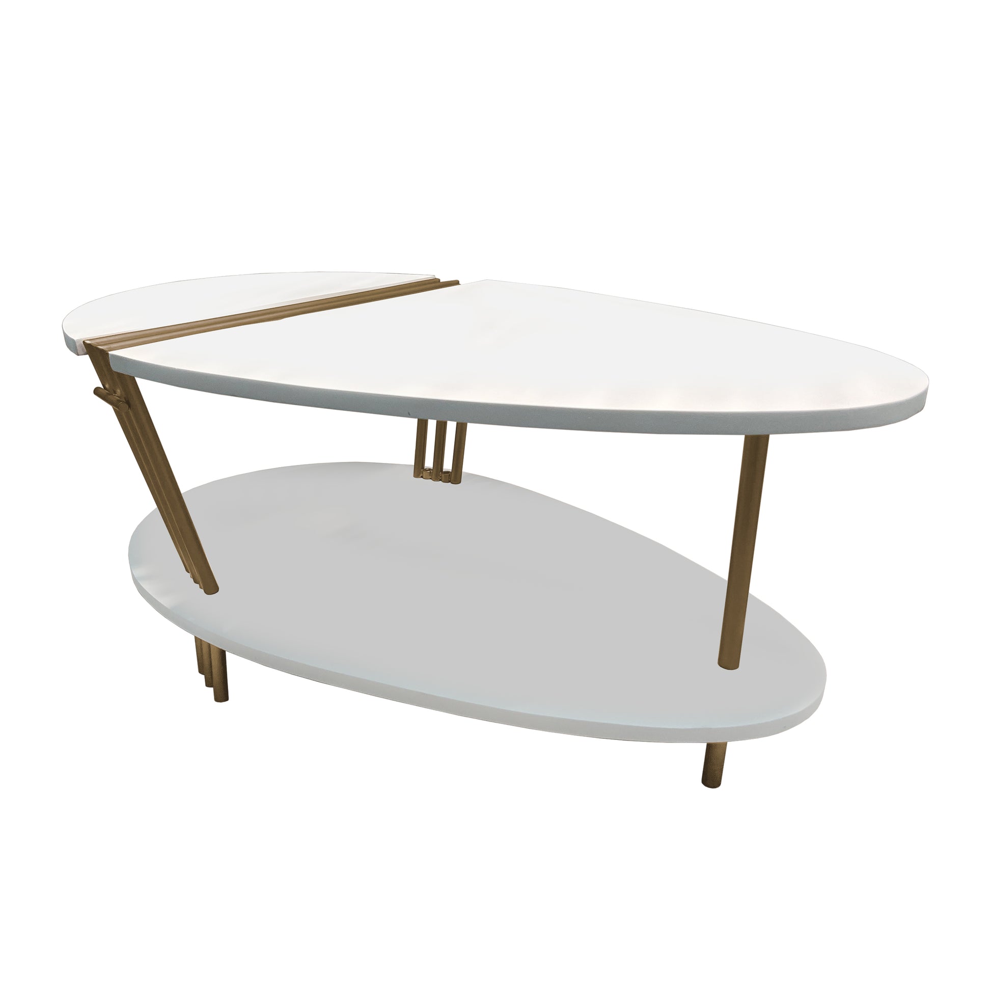 36 Inch Modern Coffee Table, Oval Elliptical Shape, White Mango Wood With Antique Brass Antique Brass White Metal & Wood