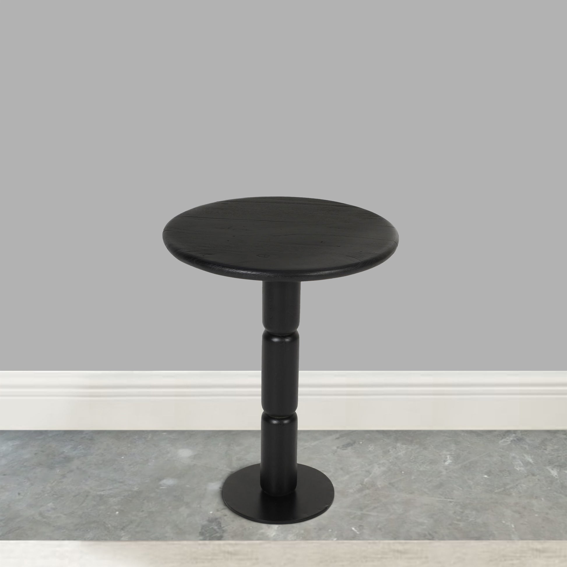 24 Inch Side End Table, Round Top With Turned Pedestal Base, Handcrafted Sandblasted Matte Black Black Metal & Wood