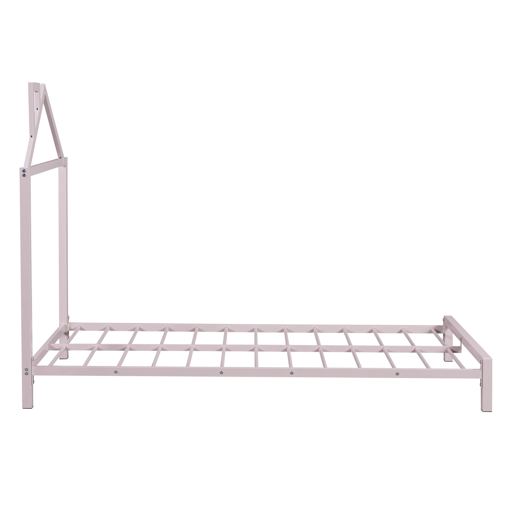 Twin Size Metal Platform Bed With House Shaped Headboard Design, Pink Pink Metal