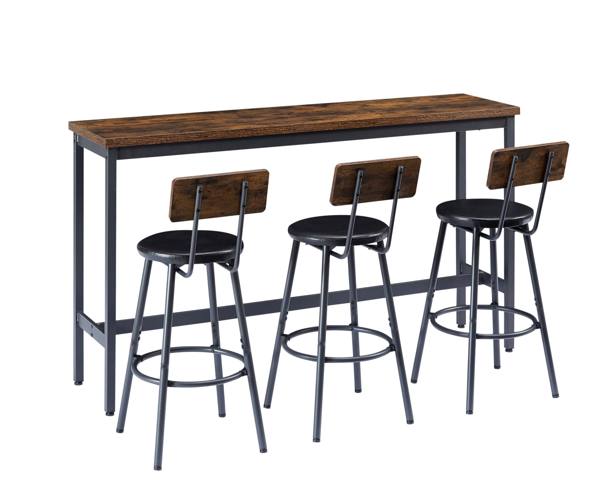 Long Bar Table Set With 3 Pu Upholstered Bar Stools, Industrial Bar Table And Chairs For Kitchen Breakfast Table, Living Room, Banquet Hall, Rustic Brown And Black, 63 L X15.7"W X 37.5"H Rustic Brown Particle Board