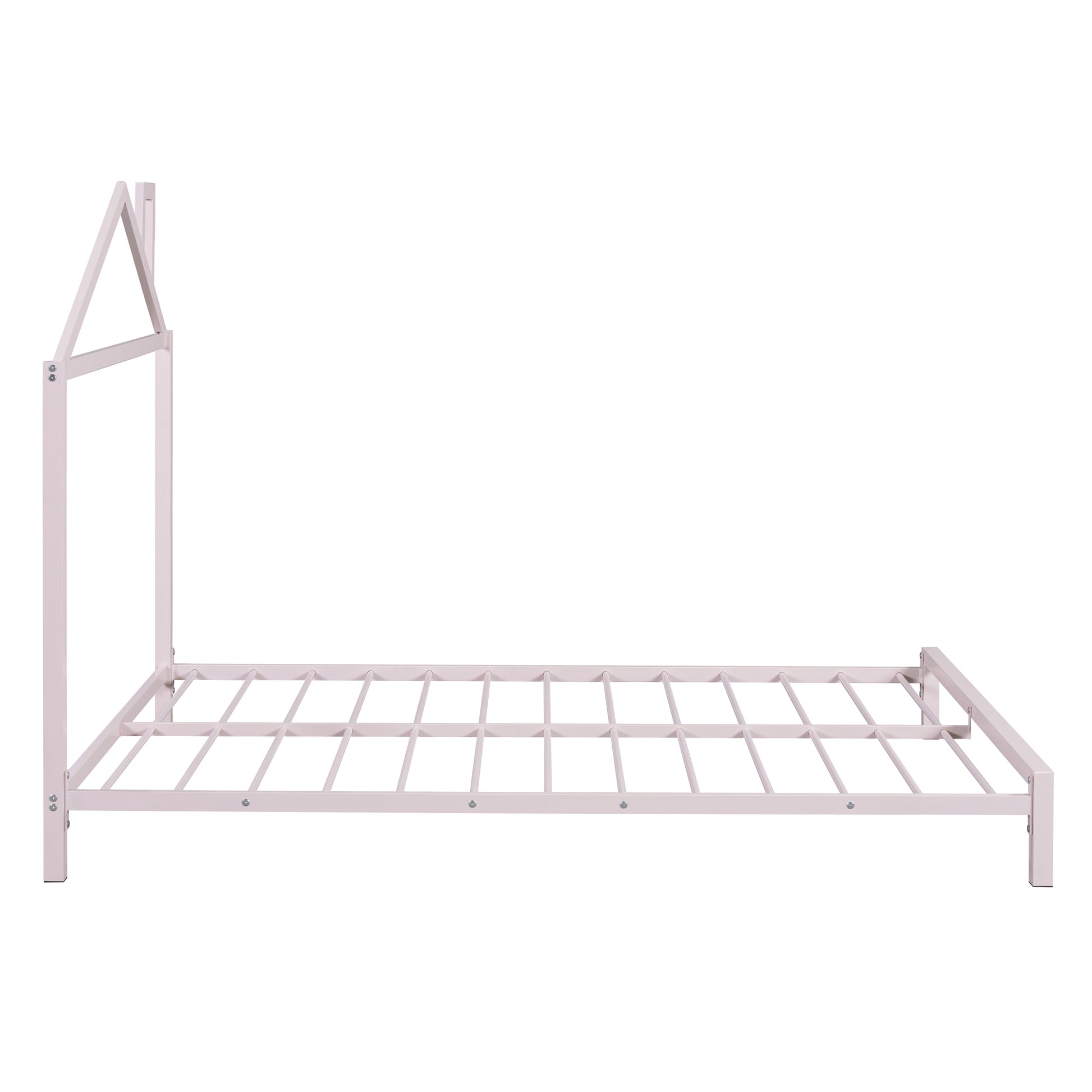 Full Size Metal Platform Bed With House Shaped Headboard Design, Pink Pink Metal
