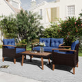 4 Piece Garden Furniture, Patio Seating Set, Pe Rattan Outdoor Sofa Set, Wood Table And Legs, Brown And Blue Yes Blue Shredded Polyurethane Foam Polyester,Wicker