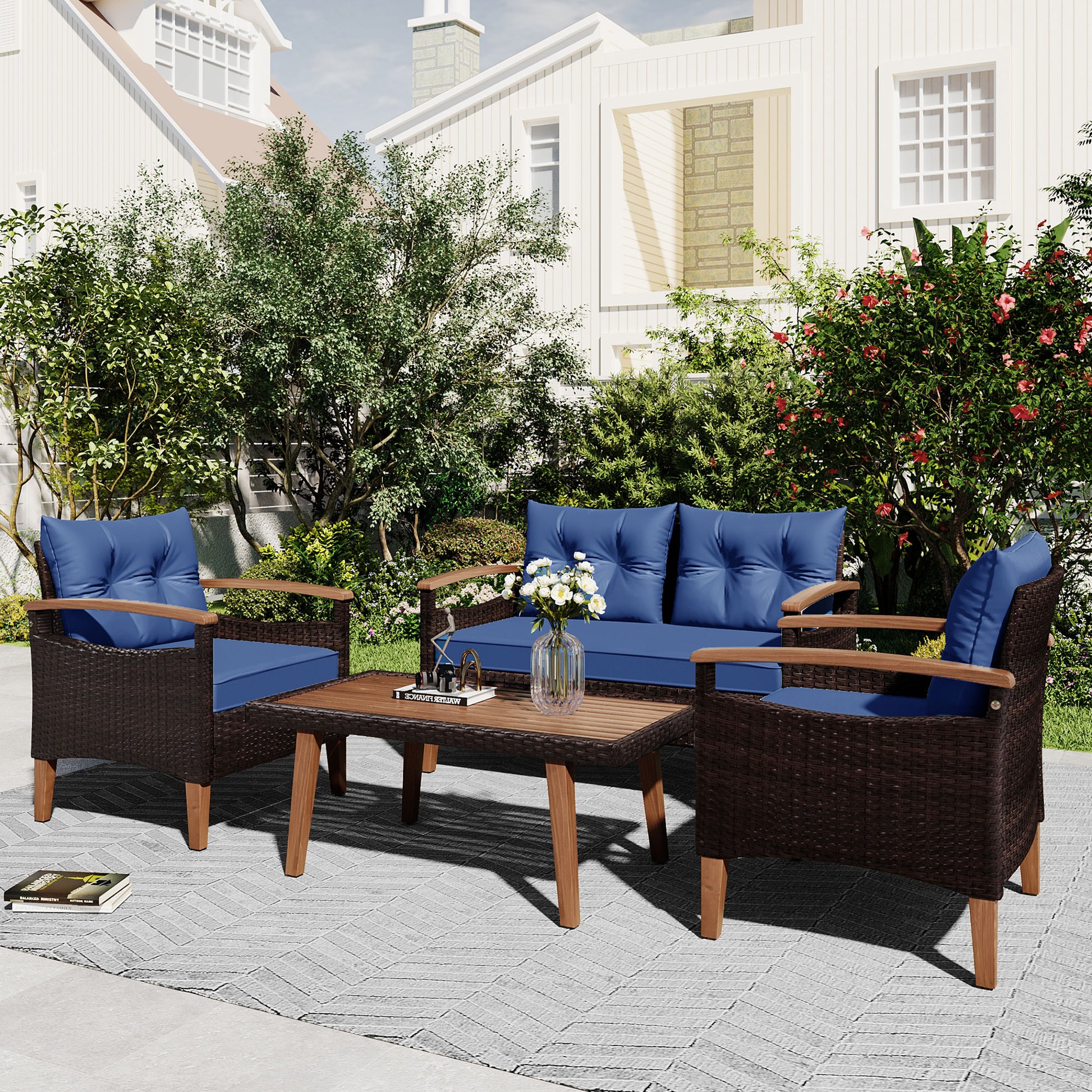 4 Piece Garden Furniture, Patio Seating Set, Pe Rattan Outdoor Sofa Set, Wood Table And Legs, Brown And Blue Yes Blue Shredded Polyurethane Foam Polyester,Wicker