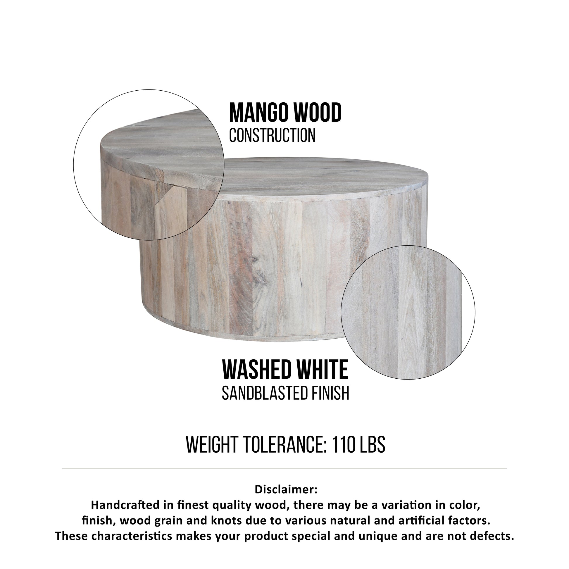 36 Inch Coffee Table, Handcrafted Drum Shape, Sandblasted Washed White Mango Wood White Solid Wood