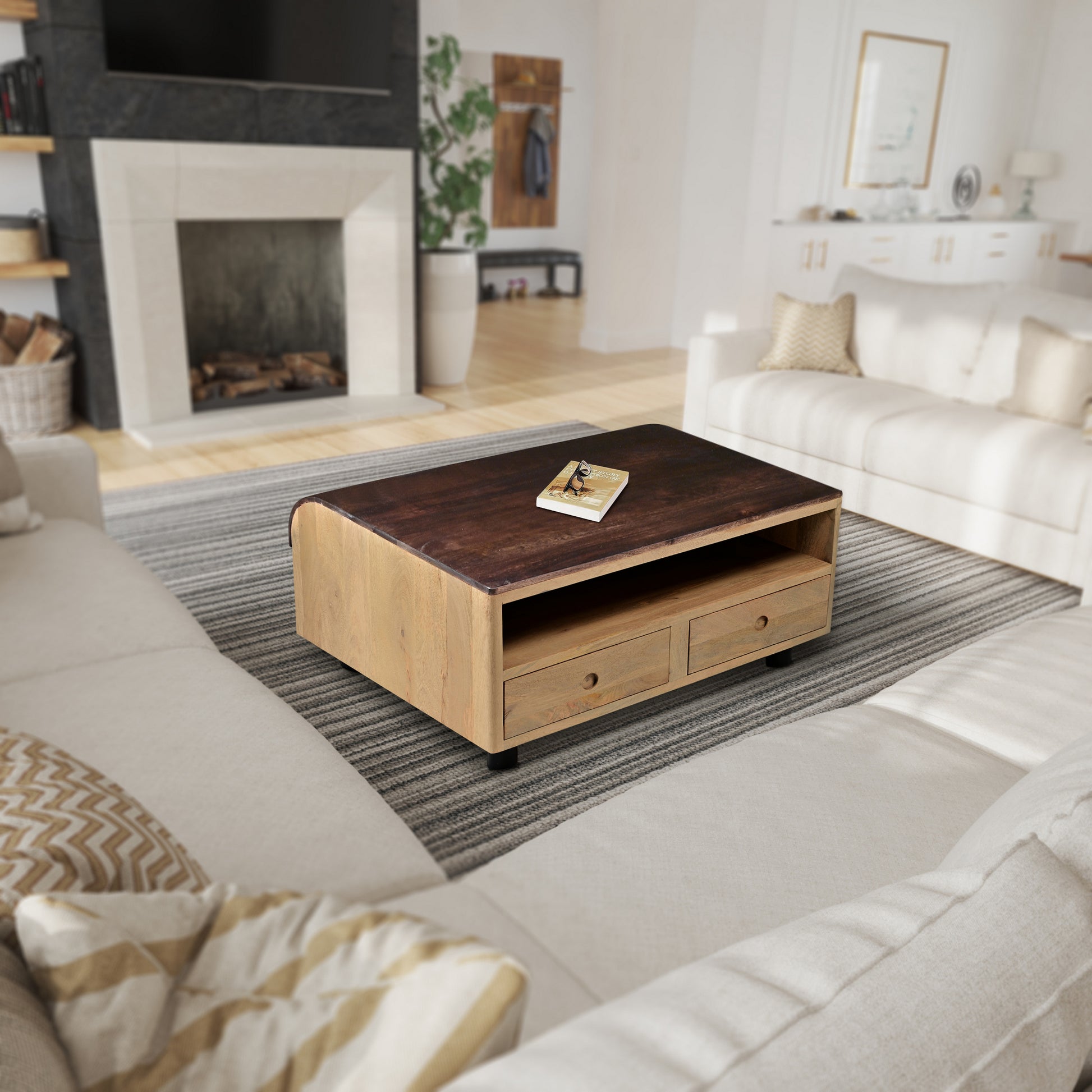 36 Inch Modern Mango Wood Coffee Table, Drip Design Walnut Brown Surface, Oak White Frame Brown White Solid Wood