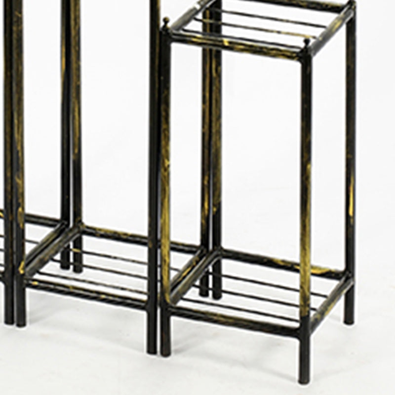 40, 29, 17 Inch 2 Tier Square Metal Plant Stand, Slatted, Set Of 3, Black, Gold Gold Blue Metal