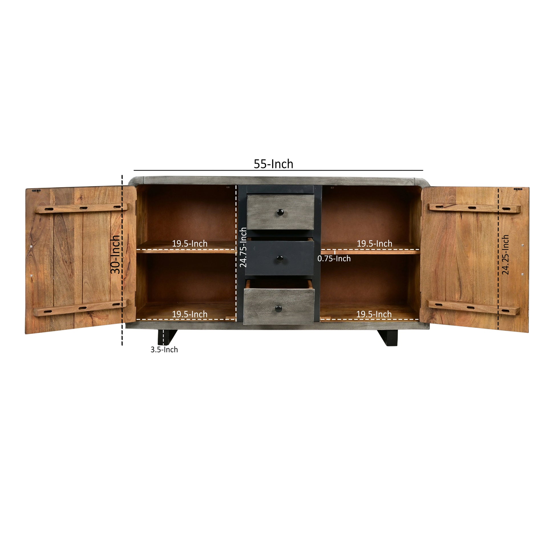 55 Inch Industrial Style Sideboard Console With 2 Cabinets, Iron Handles, Matte Gray Mango Wood Gray Metal & Wood