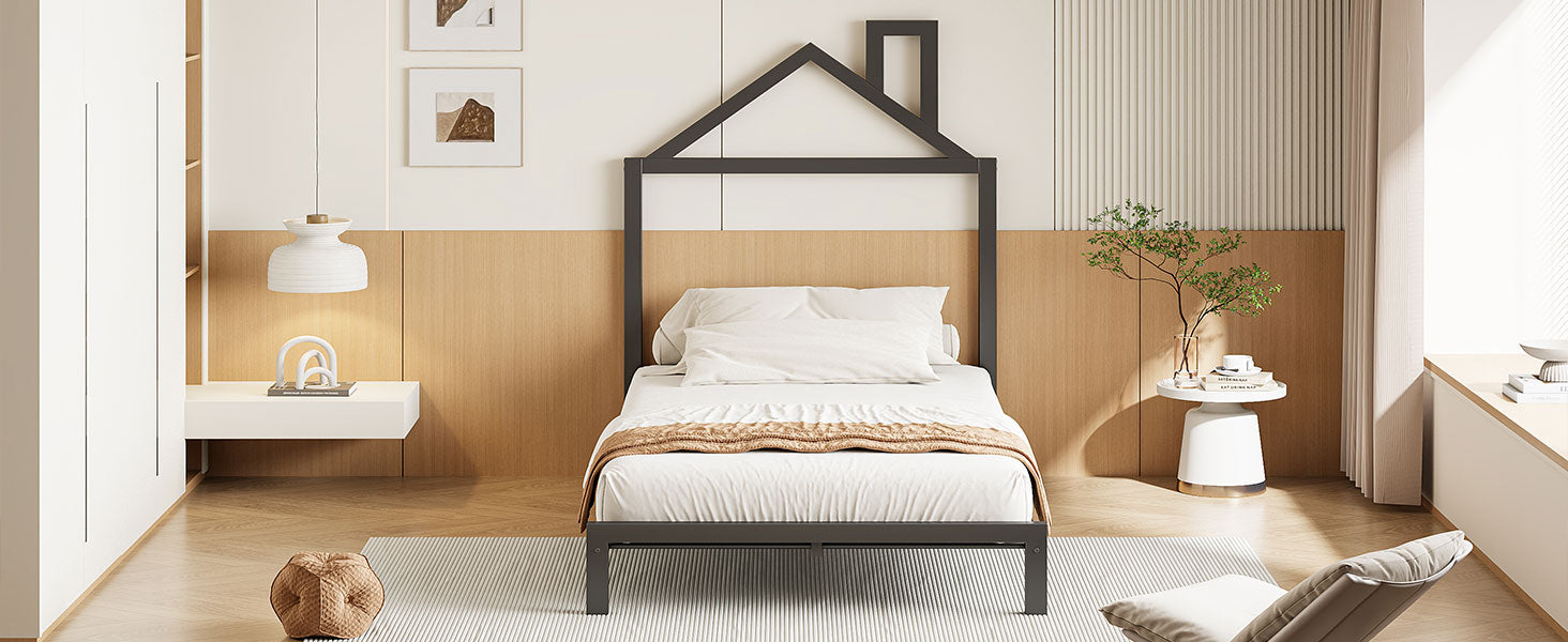 Twin Size Metal Platform Bed With House Shaped Headboard Design, Black Black Metal