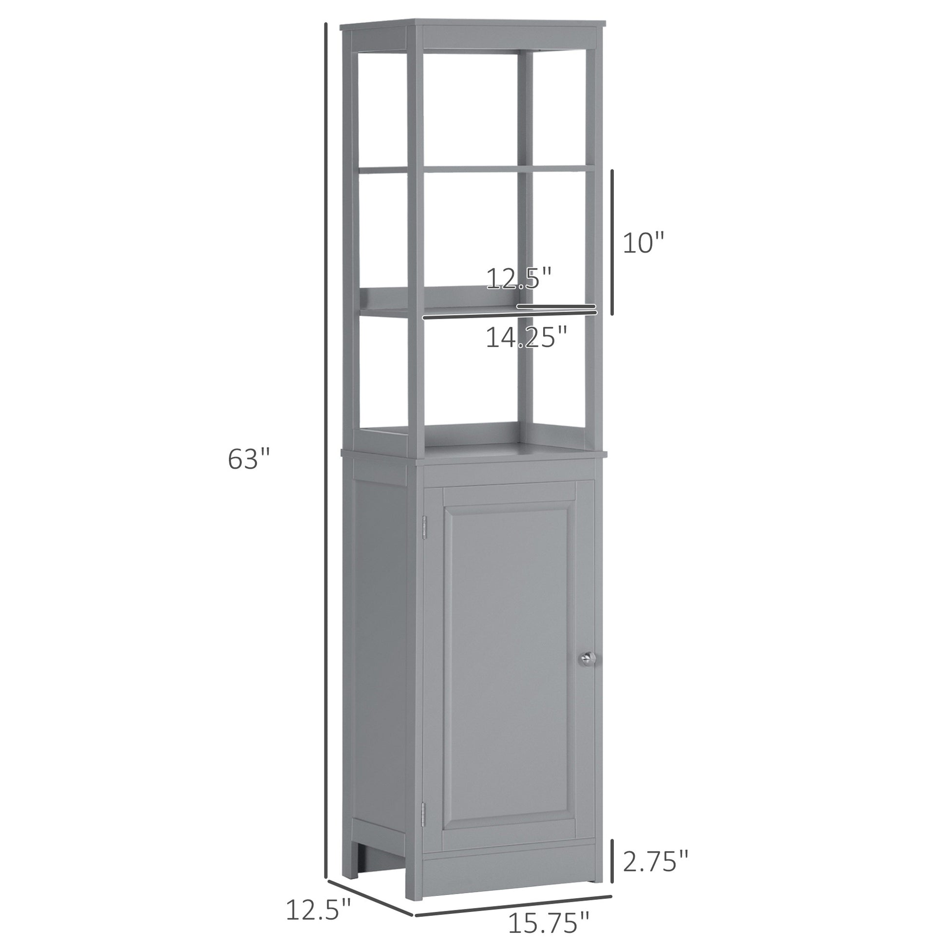 Kleankin Tall Bathroom Storage Cabinet, Freestanding Linen Tower With 3 Tier Open Shelf And Door, Slim Floor Organizer, Grey Gray Mdf