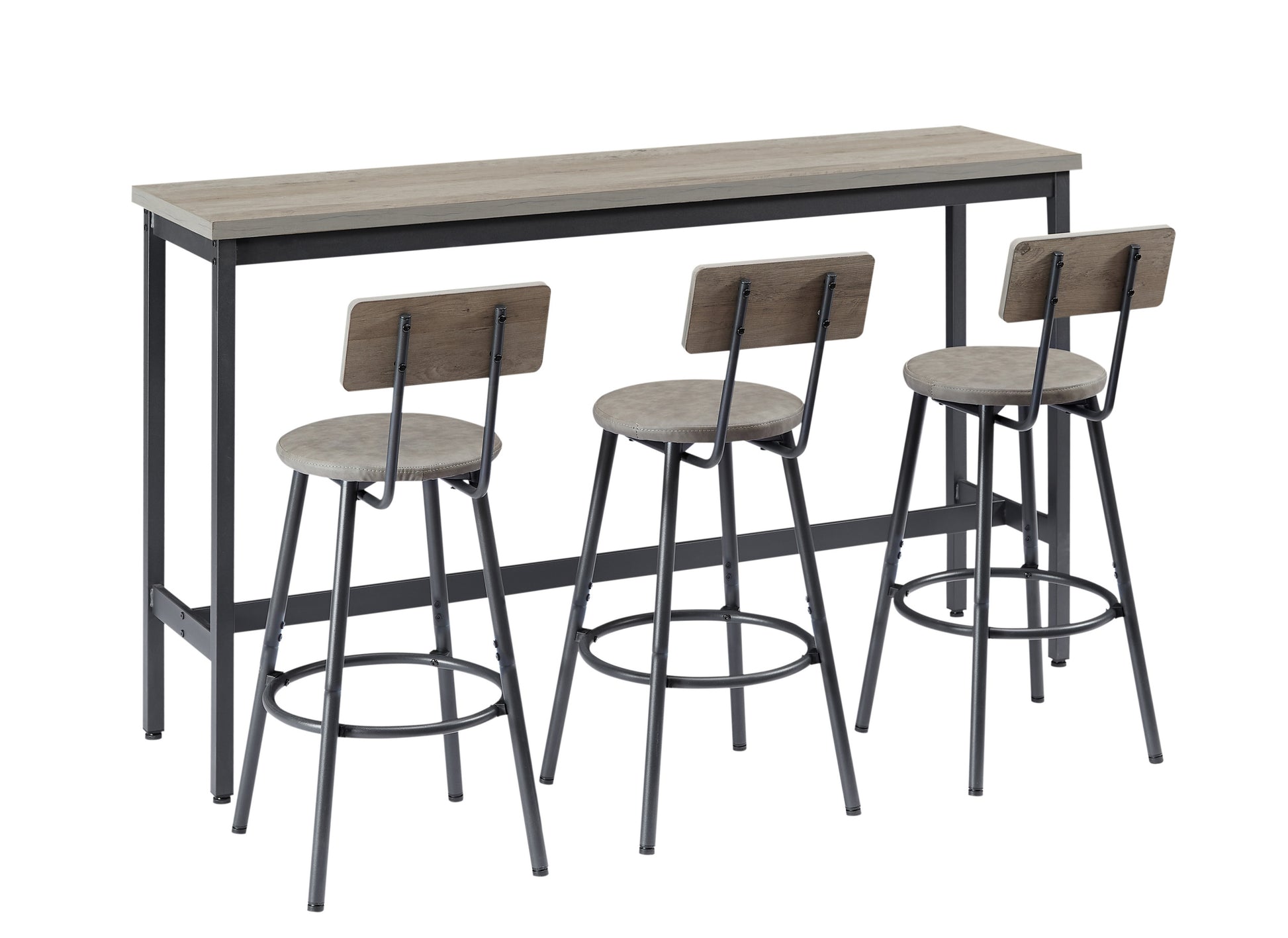 Long Bar Table Set With 3 Pu Upholstered Bar Stools, Industrial Bar Table And Chairs For Kitchen Breakfast Table, Living Room, Banquet Hall, Rustic Gray And Black, 63 L X15.7"W X 37.5"H Gray Particle Board