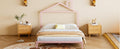 Full Size Metal Platform Bed With House Shaped Headboard Design, Pink Pink Metal