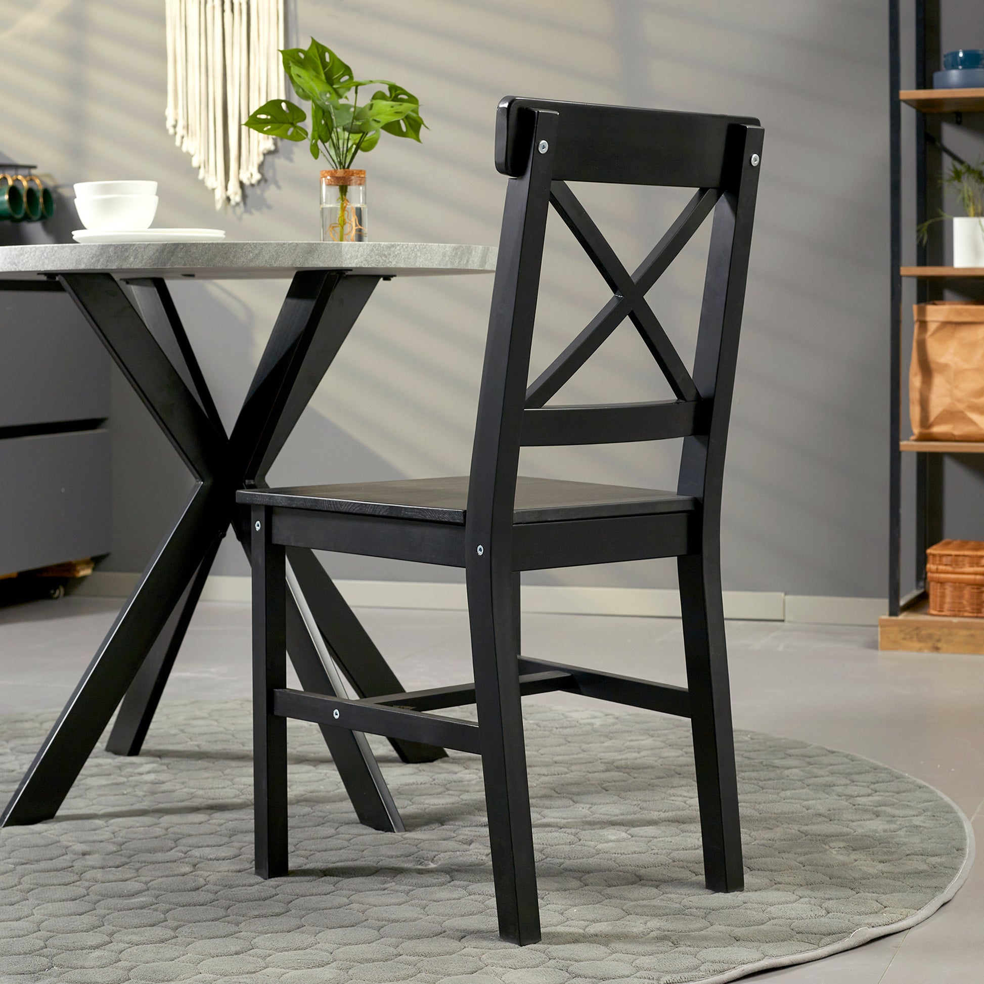 Homcom Modern Farmhouse Dining Chairs Set Of 2, Wooden Kitchen Chairs With Cross Back, Solid Structure For Dining Room, Black Black Wood