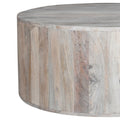 36 Inch Coffee Table, Handcrafted Drum Shape, Sandblasted Washed White Mango Wood White Solid Wood