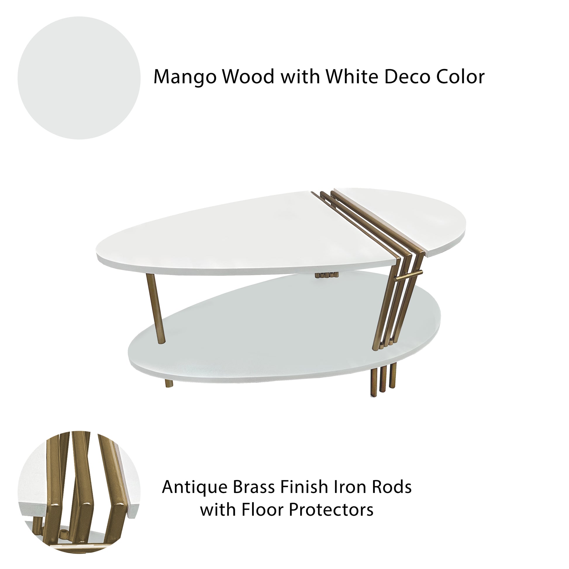 36 Inch Modern Coffee Table, Oval Elliptical Shape, White Mango Wood With Antique Brass Antique Brass White Metal & Wood