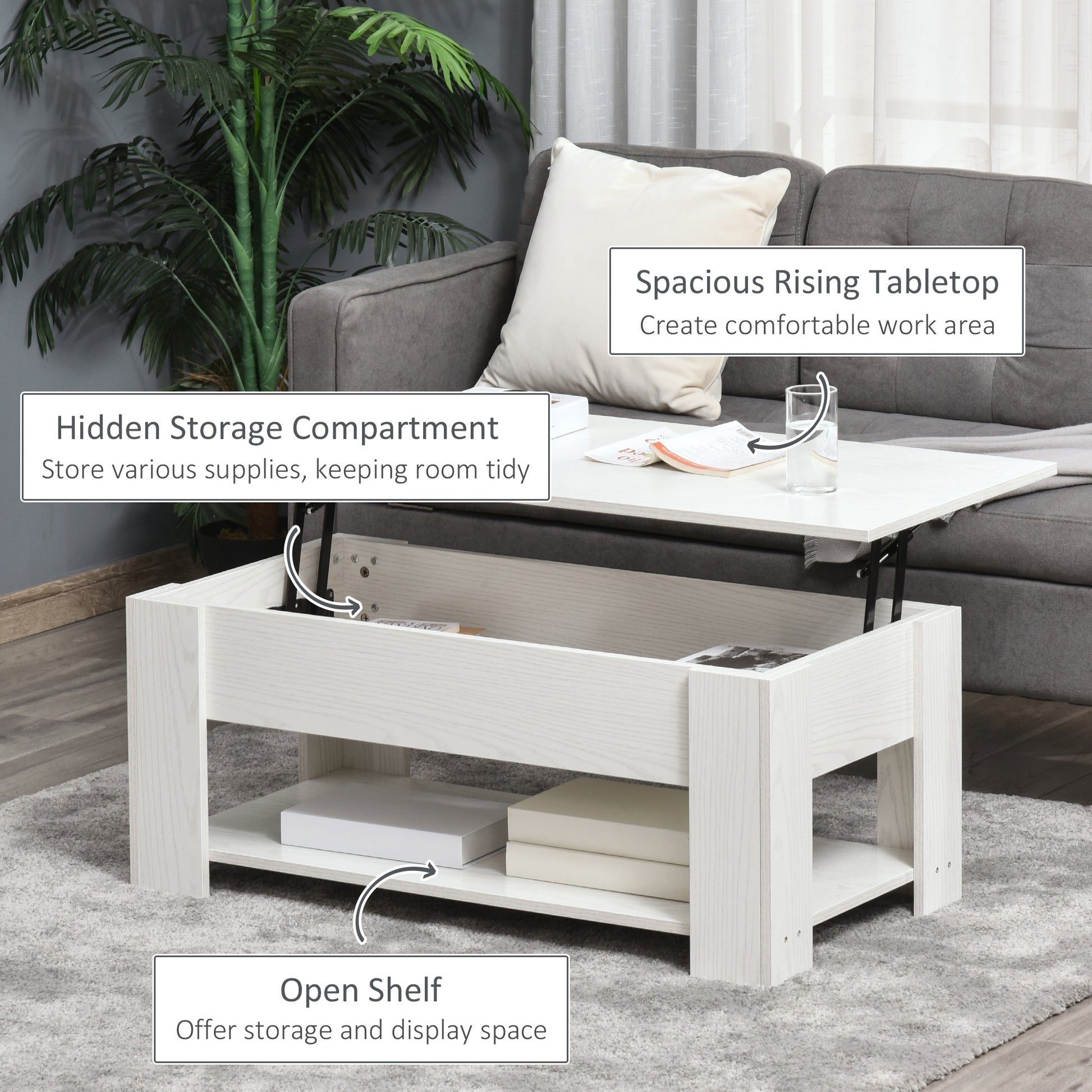 Homcom 39" Lift Top Coffee Table With Hidden Storage Compartment And Open Shelf, Pop Up Coffee Table For Living Room, White White Particle Board