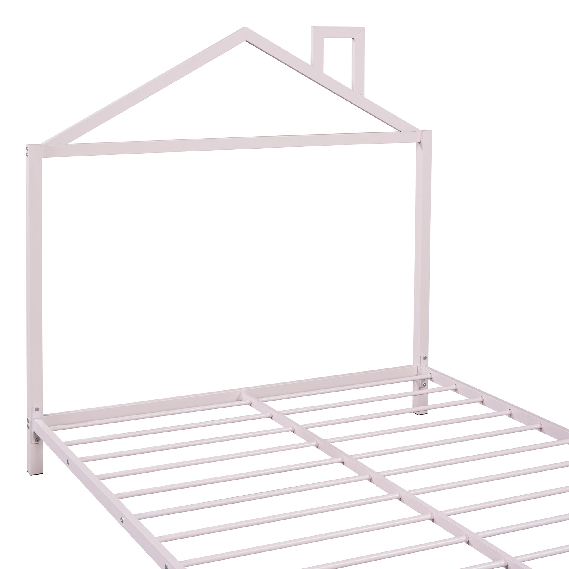 Full Size Metal Platform Bed With House Shaped Headboard Design, Pink Pink Metal