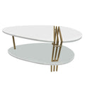 36 Inch Modern Coffee Table, Oval Elliptical Shape, White Mango Wood With Antique Brass Antique Brass White Metal & Wood