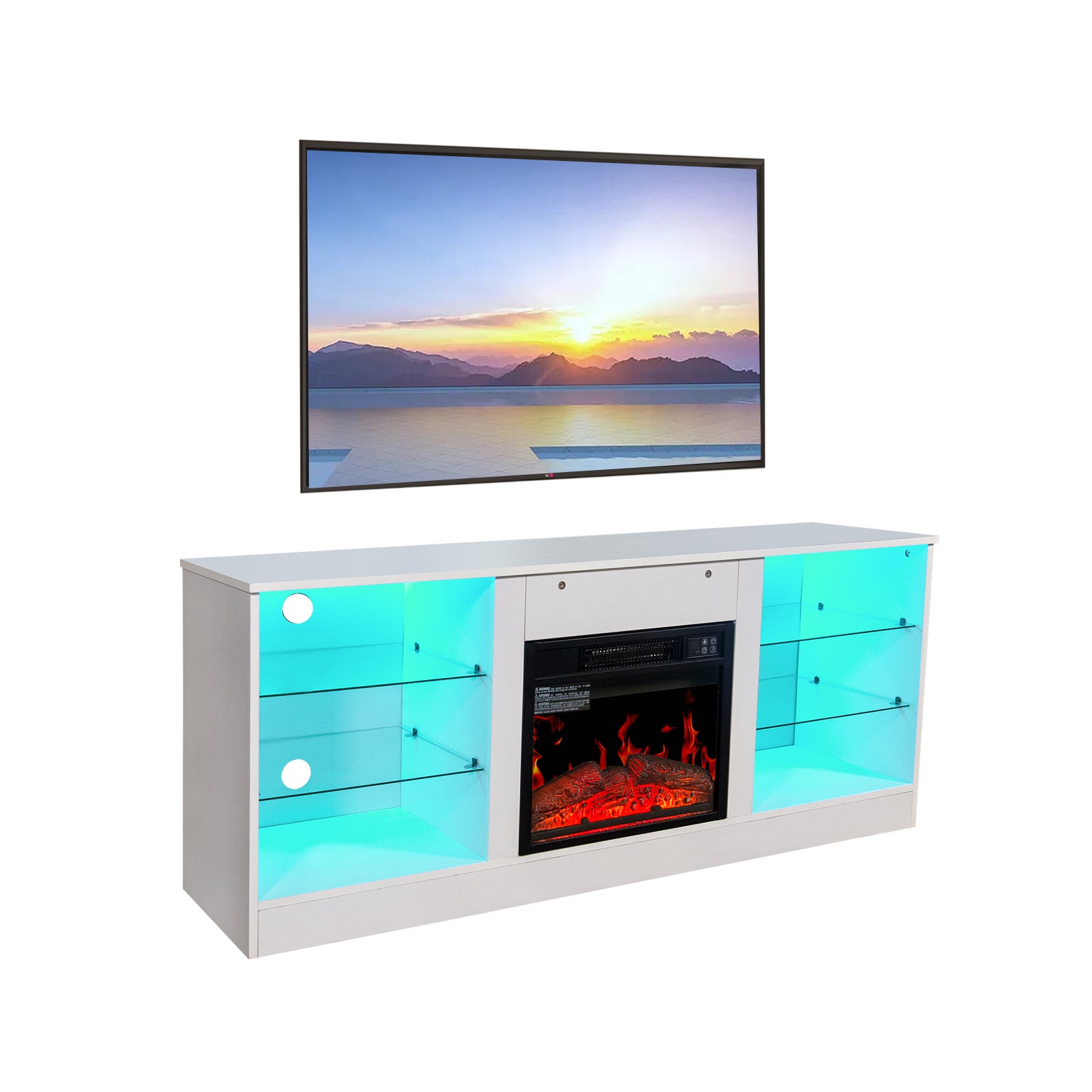 Fireplace Tv Stand With 18 Inch Electric Fireplace Heater,Modern Entertainment Center For Tvs Up To 62 Inch With Adjustable Glass Shelves And Storage Cabinets White White Mdf