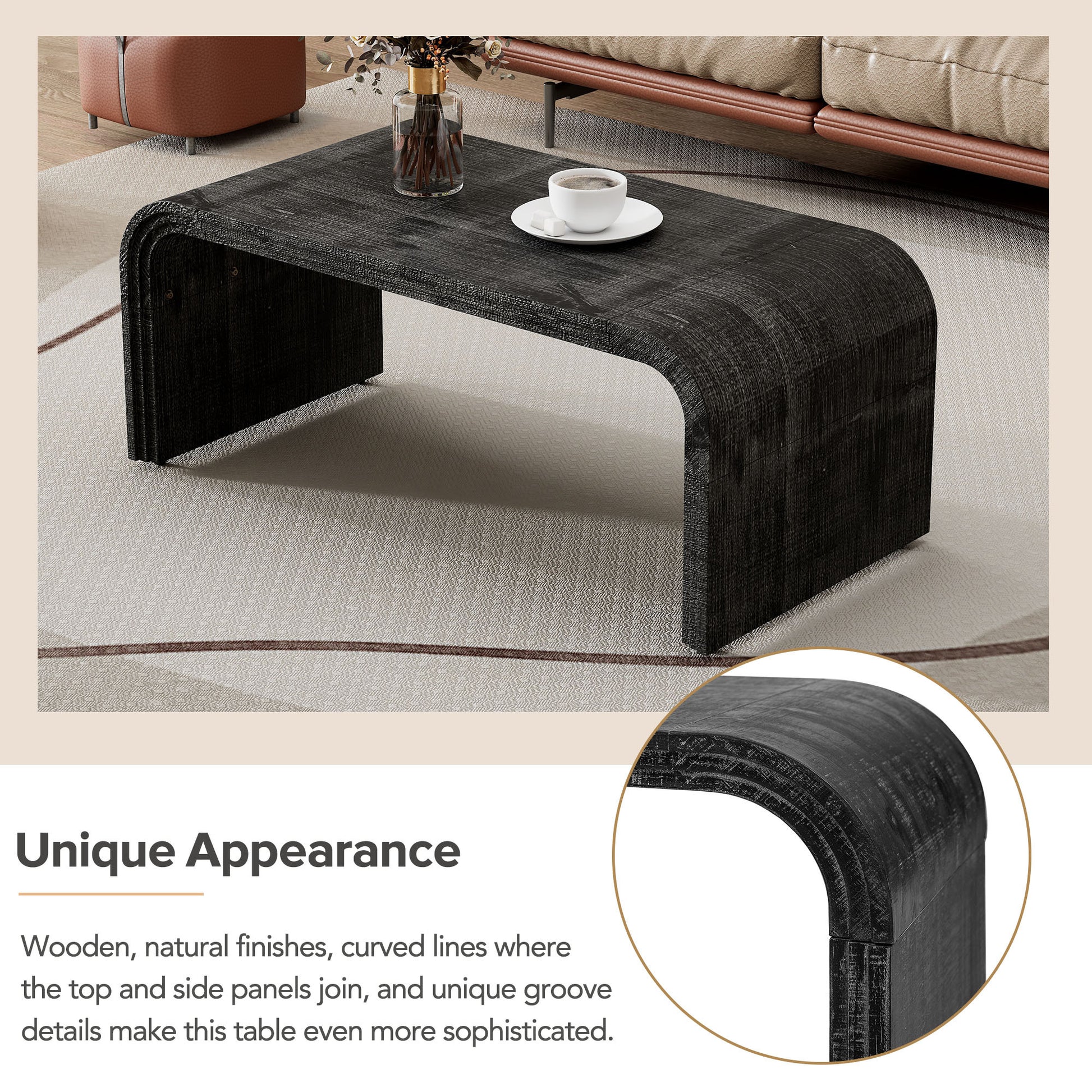 Minimalist Coffee Table With Curved Art Deco Design For Living Room Or Dining Room Antique Black Antique Black Mdf