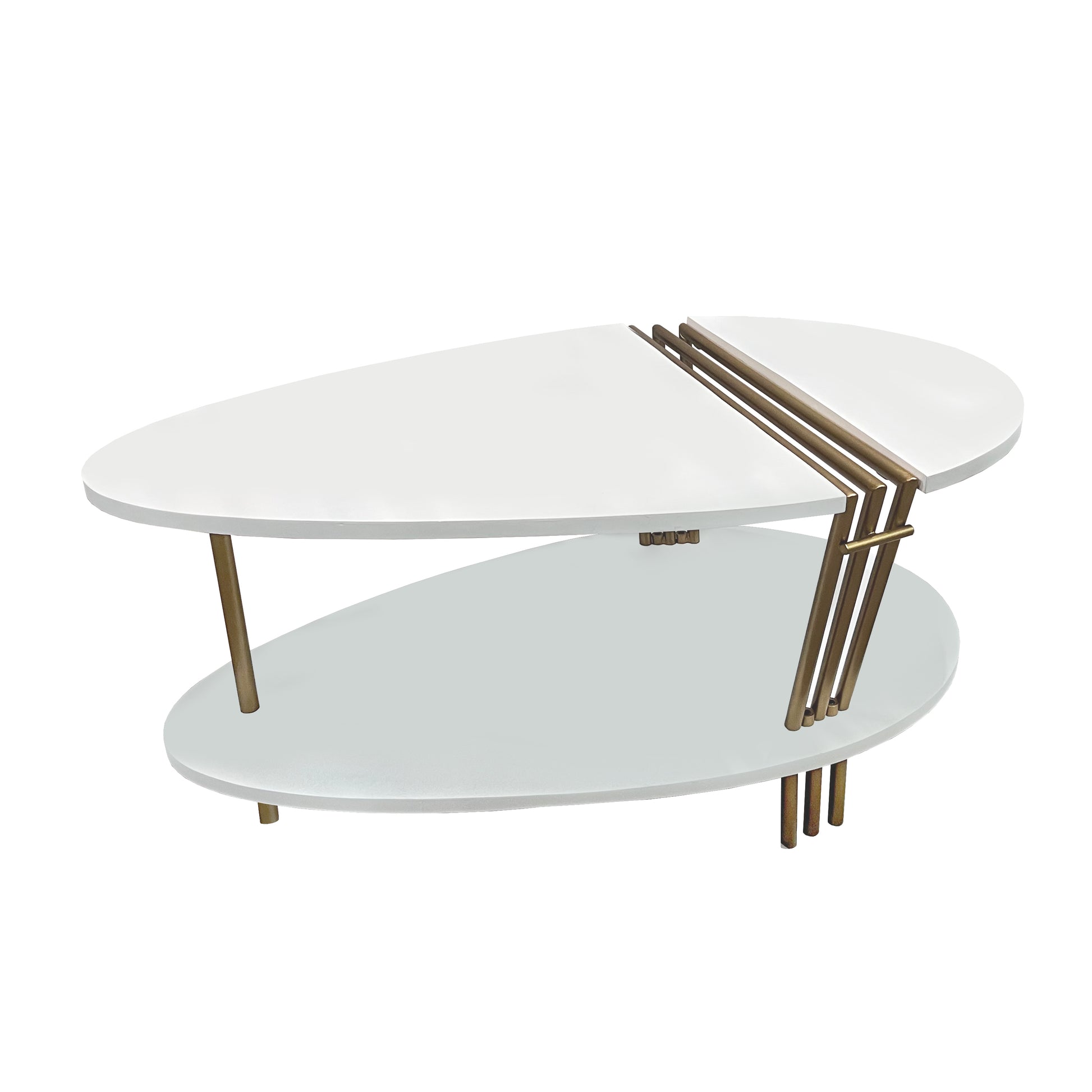 36 Inch Modern Coffee Table, Oval Elliptical Shape, White Mango Wood With Antique Brass Antique Brass White Metal & Wood