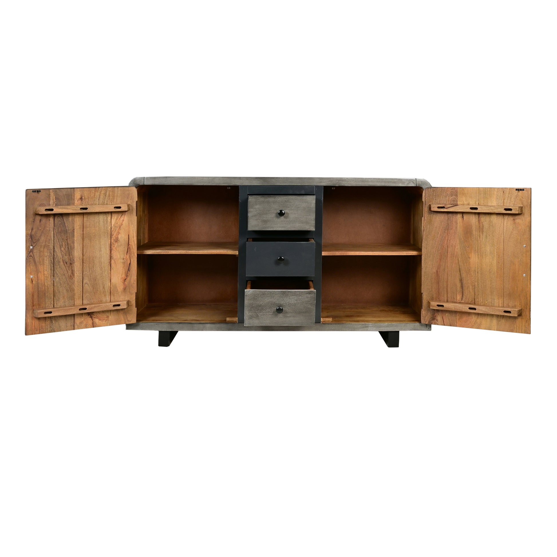 55 Inch Industrial Style Sideboard Console With 2 Cabinets, Iron Handles, Matte Gray Mango Wood Gray Metal & Wood