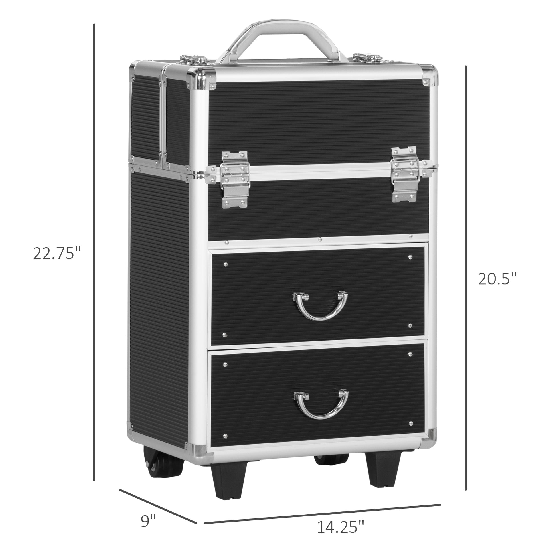 Homcom Rolling Makeup Train Case, Large Storage Cosmetic Trolley, Lockable Traveling Cart Trunk With Folding Trays, Swivel Wheels And Keys, Black Black Mdf