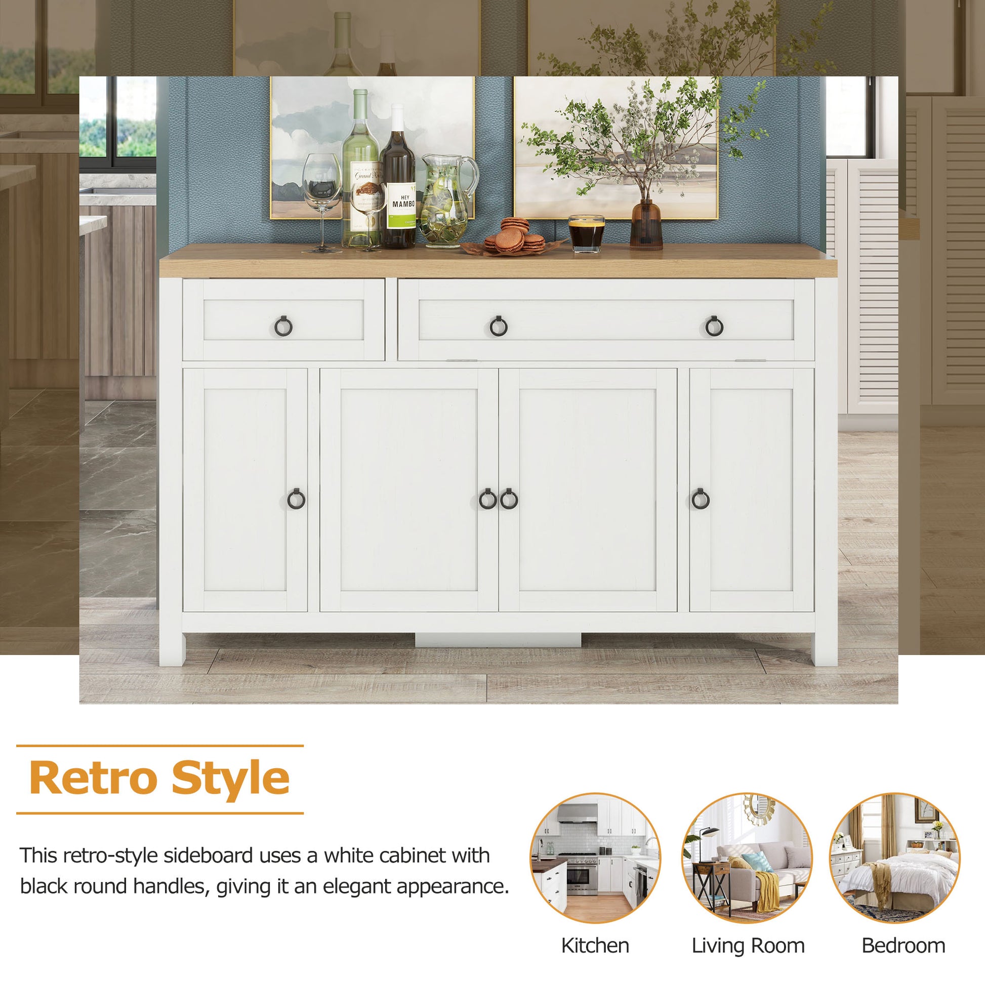 Retro Style Large Storage Space Sideboard With Flip Door And 1 Drawer, 4 Height Adjustable Cabinets, Suitable For Kitchen, Dining Room, Living Room Brown Antique White Brown Antique White Particle Board